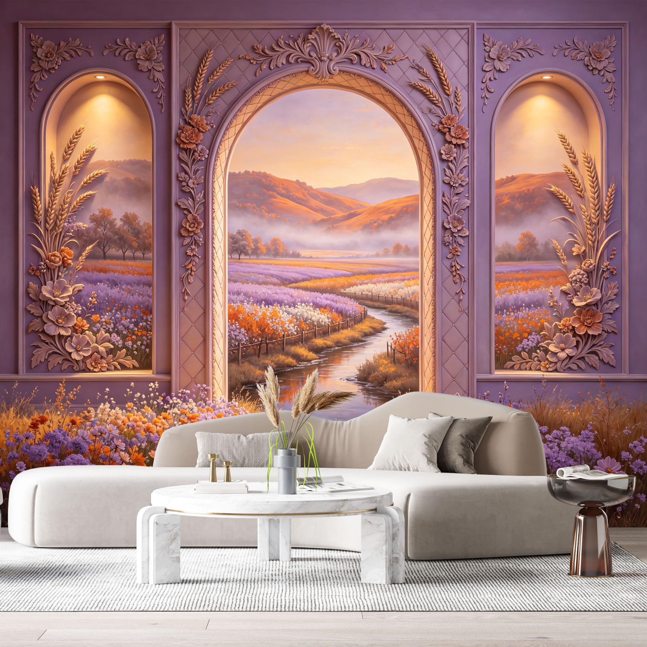 Custom Size Wall Murals Mountain Lake River Floral Archway Neoclassical 3D Trompe L'Oeil SelfAdhesiveWall Fabric Removable Wallpaper Wall Decor for Living Room Bedroom Bathroom