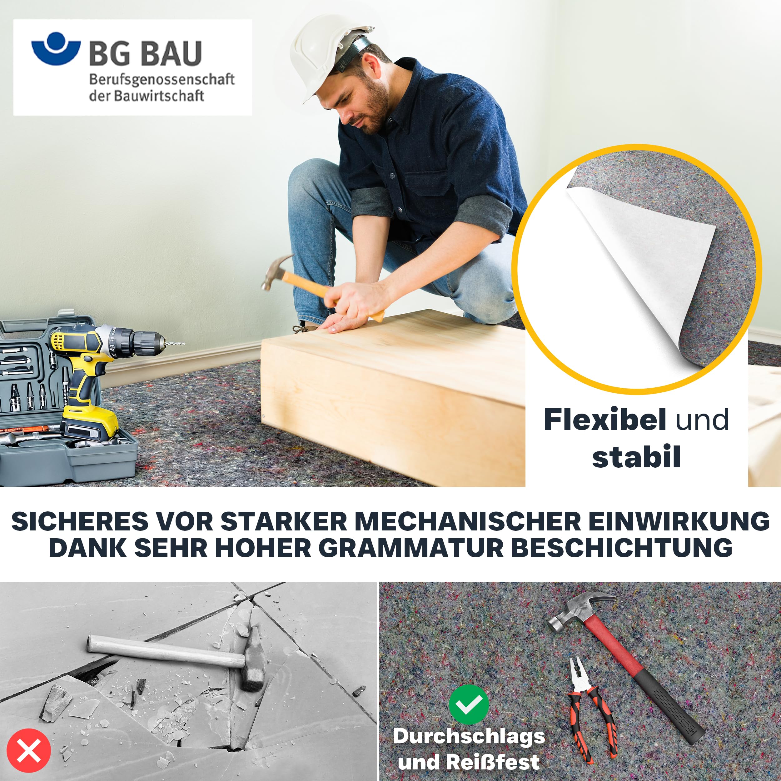 Hammerfest Abdeckvlies 1x25m – 850 g/m² Malervlies & Schutzvlies I Rutschfeste Abdeckplane für Parkett, Treppe, Fenster & empfindliche Böden I Befahrbar mit Gabelstapler & Hubwagen