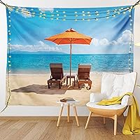 Vista 9 de Lunarable Tapiz costero, tumbonas y mar Caribe bajo el parasol naranja, imagen de vacaciones de luna de miel, decoración de tela para colgar
