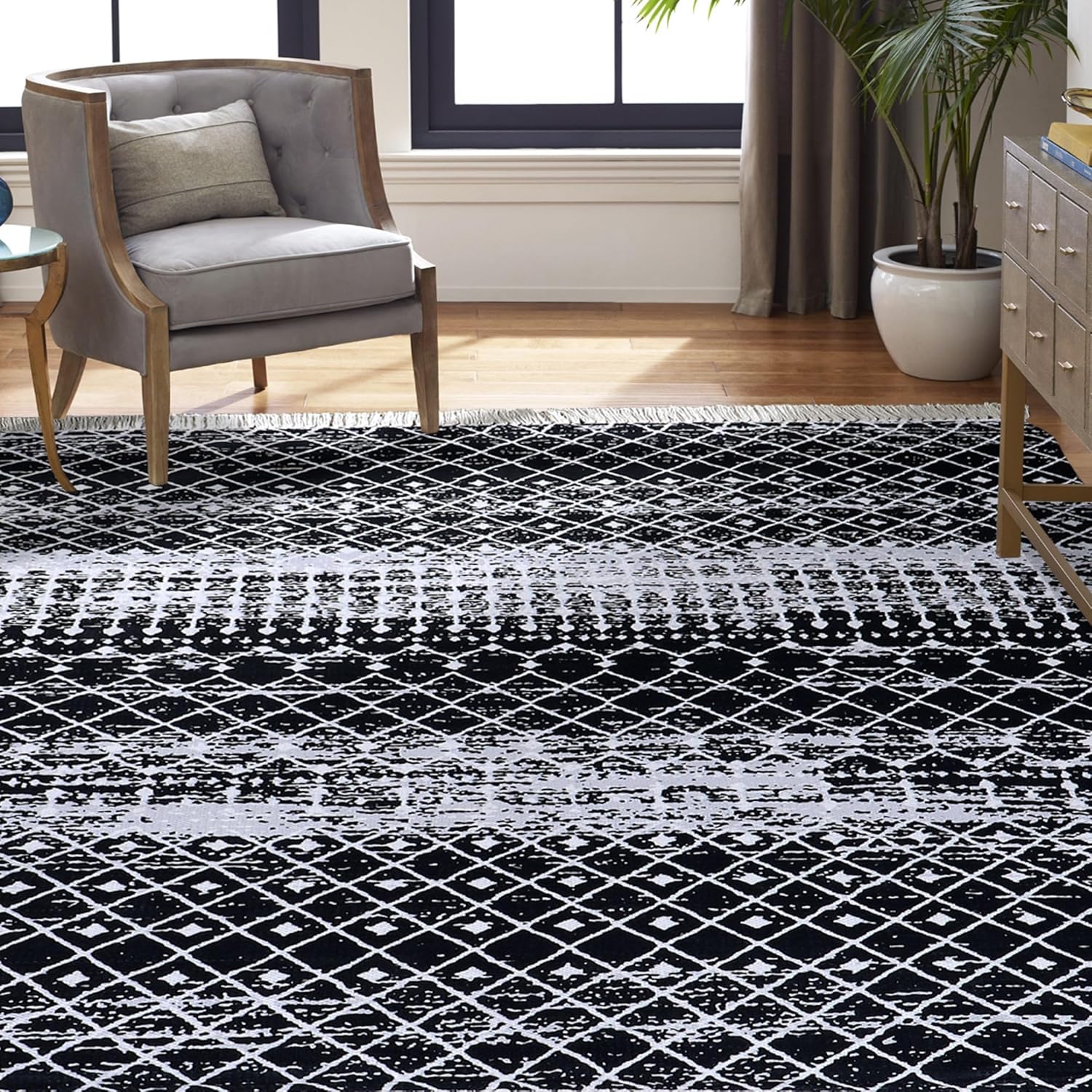 Kaspene Home - Washable Ultra-Thin Moroccan Trellis Black and Ivory Area Rug, 6x9 - for Dining Room, Bedroom, and Living Room - Kid and Pet Friendly