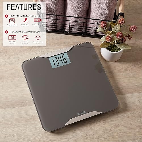 Miniatura 2 de Taylor Báscula digital de baño de vidrio para peso corporal, plataforma de vidrio duradera de 11.8 x 11.8 pulgadas, detalles de acero inoxidable,