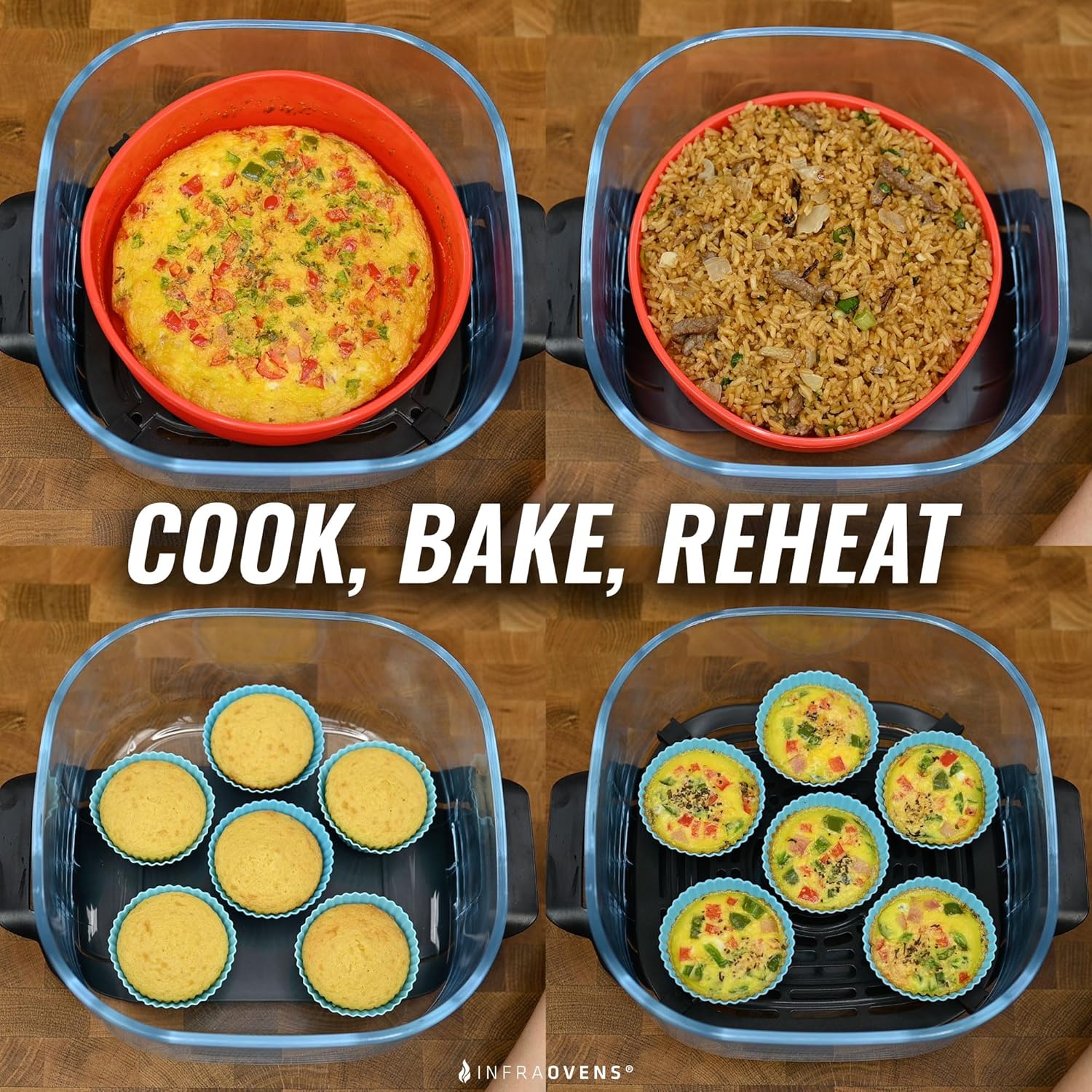 Air Fryer Baking Pan Set For Ninja Crispi and Ninja Crispi Pro 4qt & 6 Cup Glass, Freezer, Airfryer Bakeware Sets with Cupcake Liners & Kitchen Conversion Chart, Nonstick Round Cake Molds for Baking