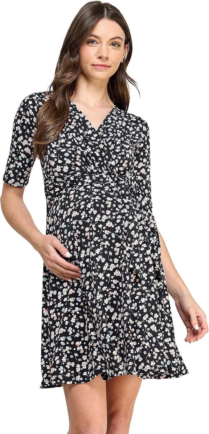 HELLO MIZ Women's Maternity Dress V-Neck Short Sleeve for Baby Shower, Small, Black Floral