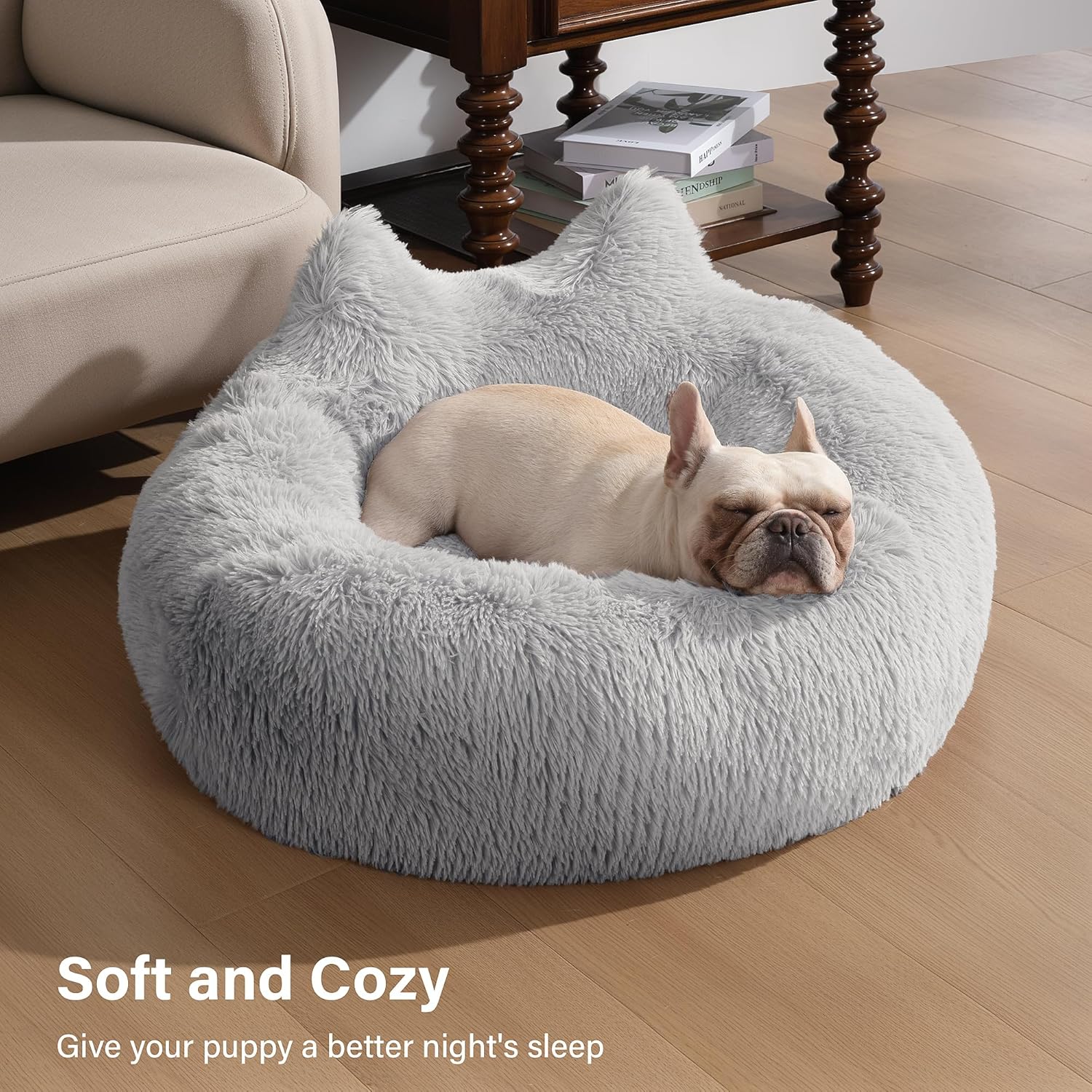 review Calming Small Dog Bed, Donut Washable Dog Beds for Small Dogs, Anti-Anxiety Cute Soft Dog Bed with Anti-Slip Round Fluffy Plush 20 Inchs Cat Puppy Bed, Light Grey