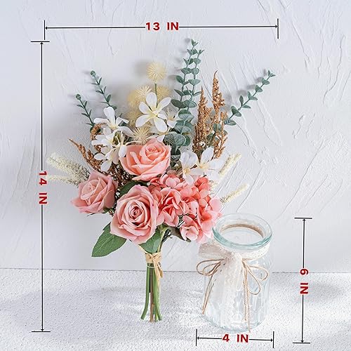 Miniatura 6 de LUEUR Flores de rosas artificiales en jarrón para decoración del hogar, ramo de hortensias de rosas rosas de seda con maceta, arreglo de dalia de