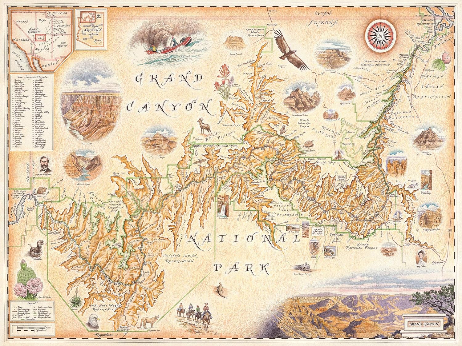 Grand Canyon National Park Map Poster – 24x18 Vintage-Style Lithographic Print with Soy-Based Inks – Unique Gift for Travelers, Teachers, History Buffs – Made in USA