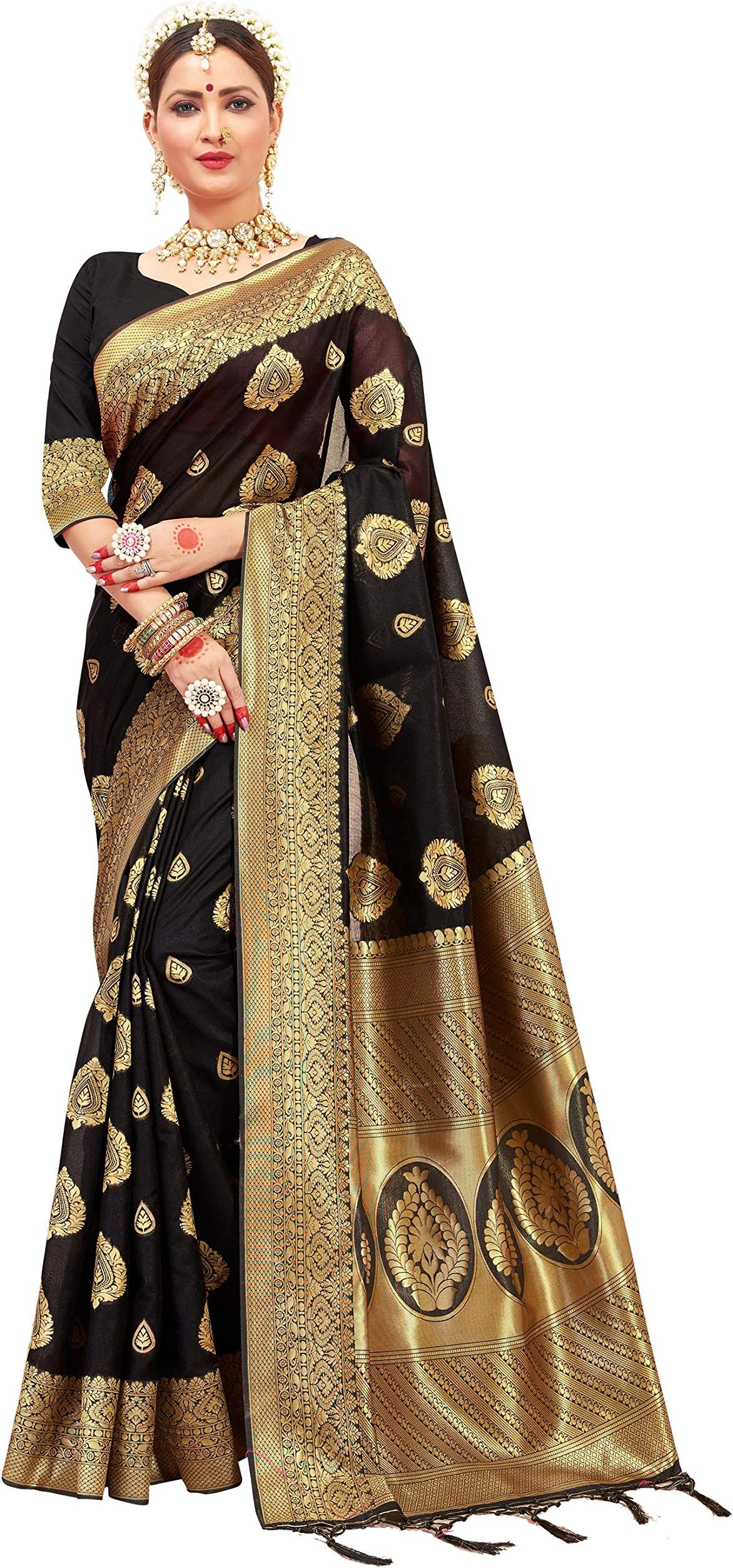Elina fashion Sarees For Women Banarasi Art Silk l Indian Rakhi Wedding Diwali Gift Sari with Unstitched Blouse