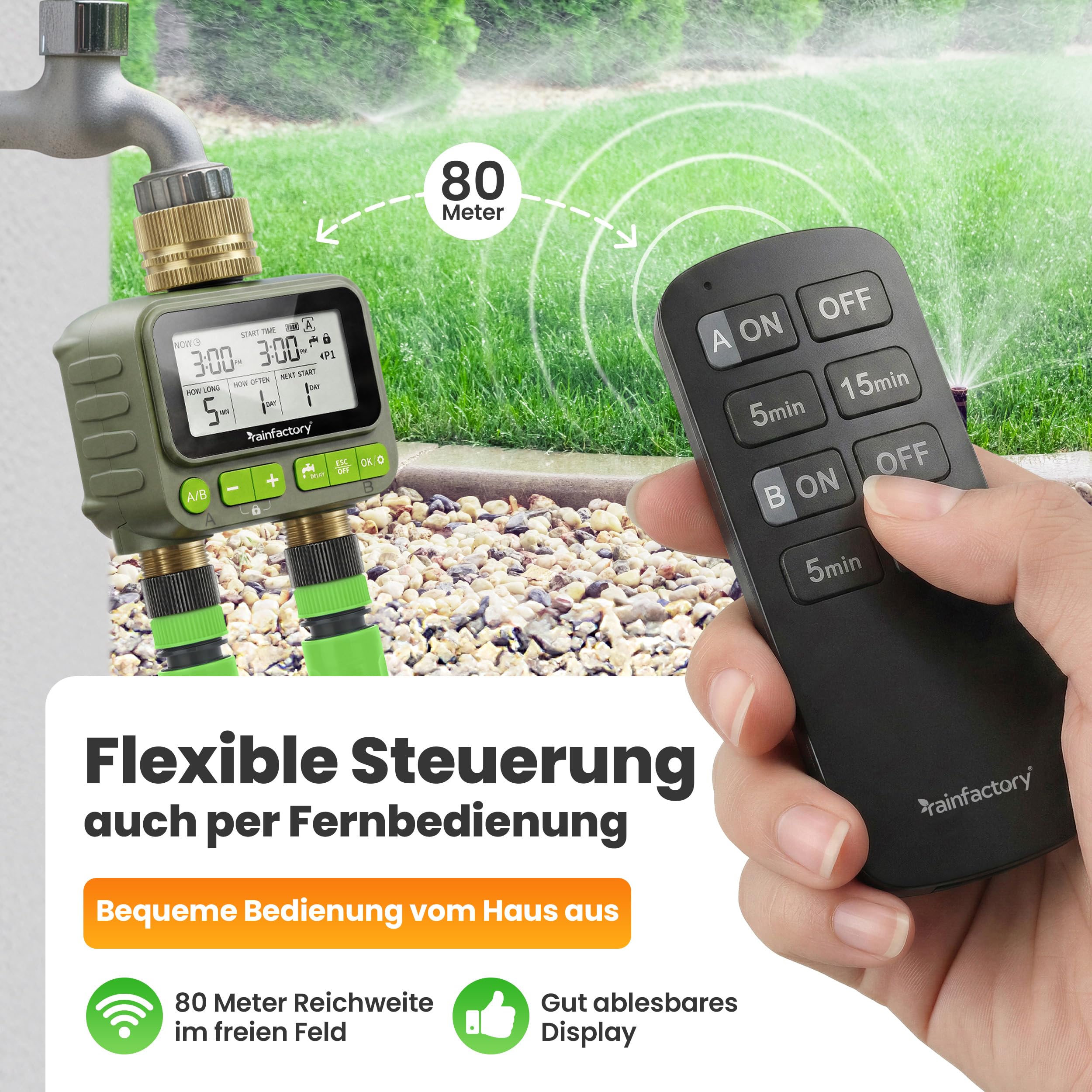 rainfactory Bewässerungscomputer 2 Ausgänge mit Fernbedienung - automatische Bewässerungssteuerung für Garten - Bewässerungsuhr mit 4 Programmen, Delay - Wasser Zeitschaltuhr IP65, 3/4 Zoll Rasen Beet