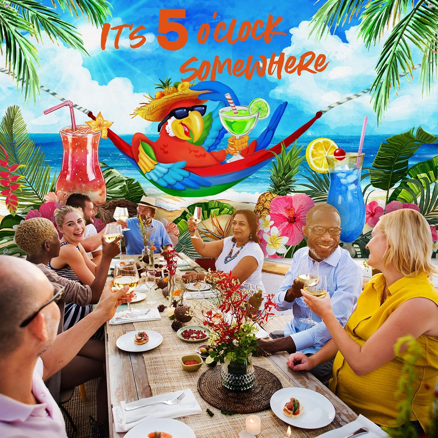 Mixweer It's 5 O' Clock Somewhere Summer Backdrop Tropical Parrot Banner Beach Hawaii Decoration Polyester Background Nautical Cocktails Drinks Bar Party Supplies Holiday Photo Booth Prop(Tropical)