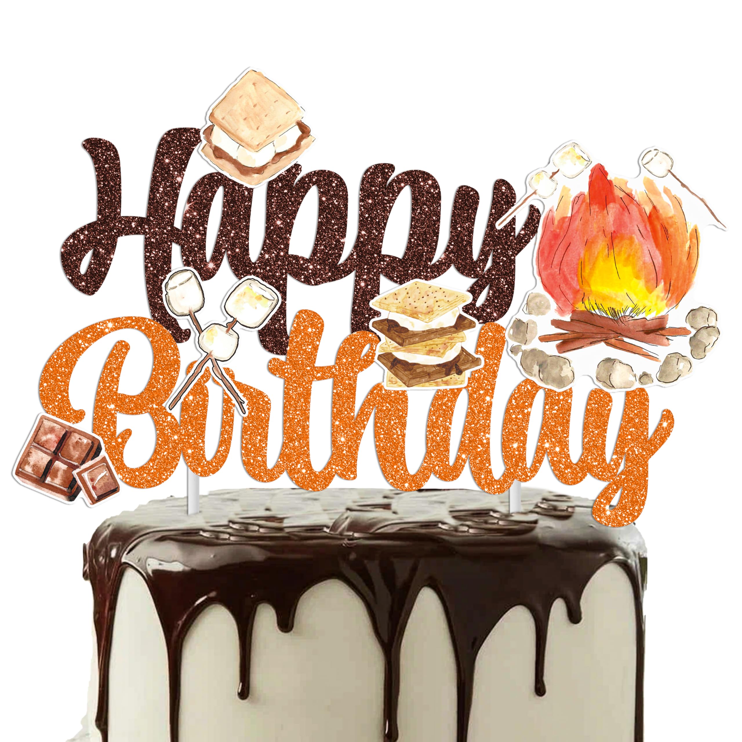 Smore Birthday Cake Toppers S’more Birthday Decorations Double-sided Printing Campfire Cake Topper for S’more Theme Camping Birthday Party Baby Shower Party Supplies