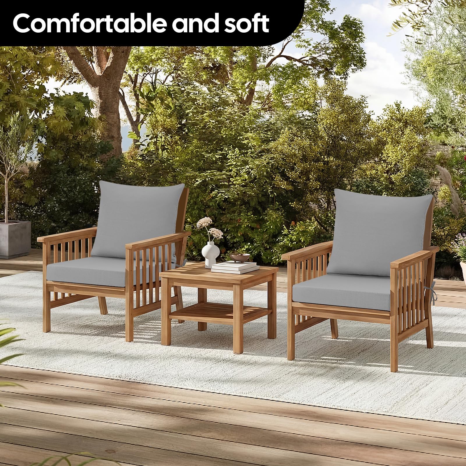 Cojín para silla de jardín al aire libre con respaldo, 7 cm de grosor, impermeable, con funda extraíble, cojín para muebles de patio con lazos para sofá y sillas, 50 x 50 cm, gris