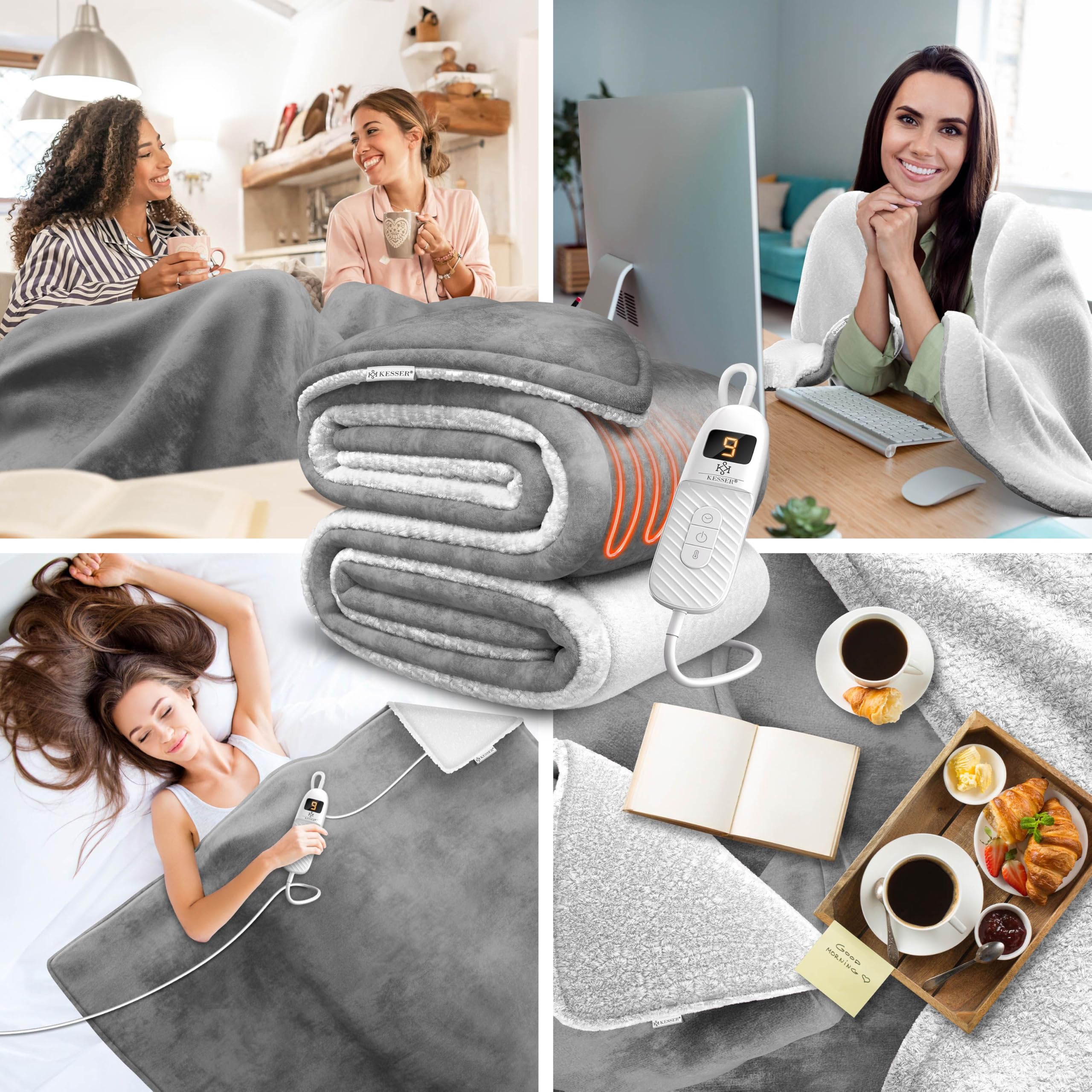 KESSER® Coperta elettrica con spegnimento automatico, 200 x 180 cm, doppia faccia, coperta elettrica per letto, divano, 9 livelli di temperatura, lavabile fino a 40 °C, con timer digitale, colore