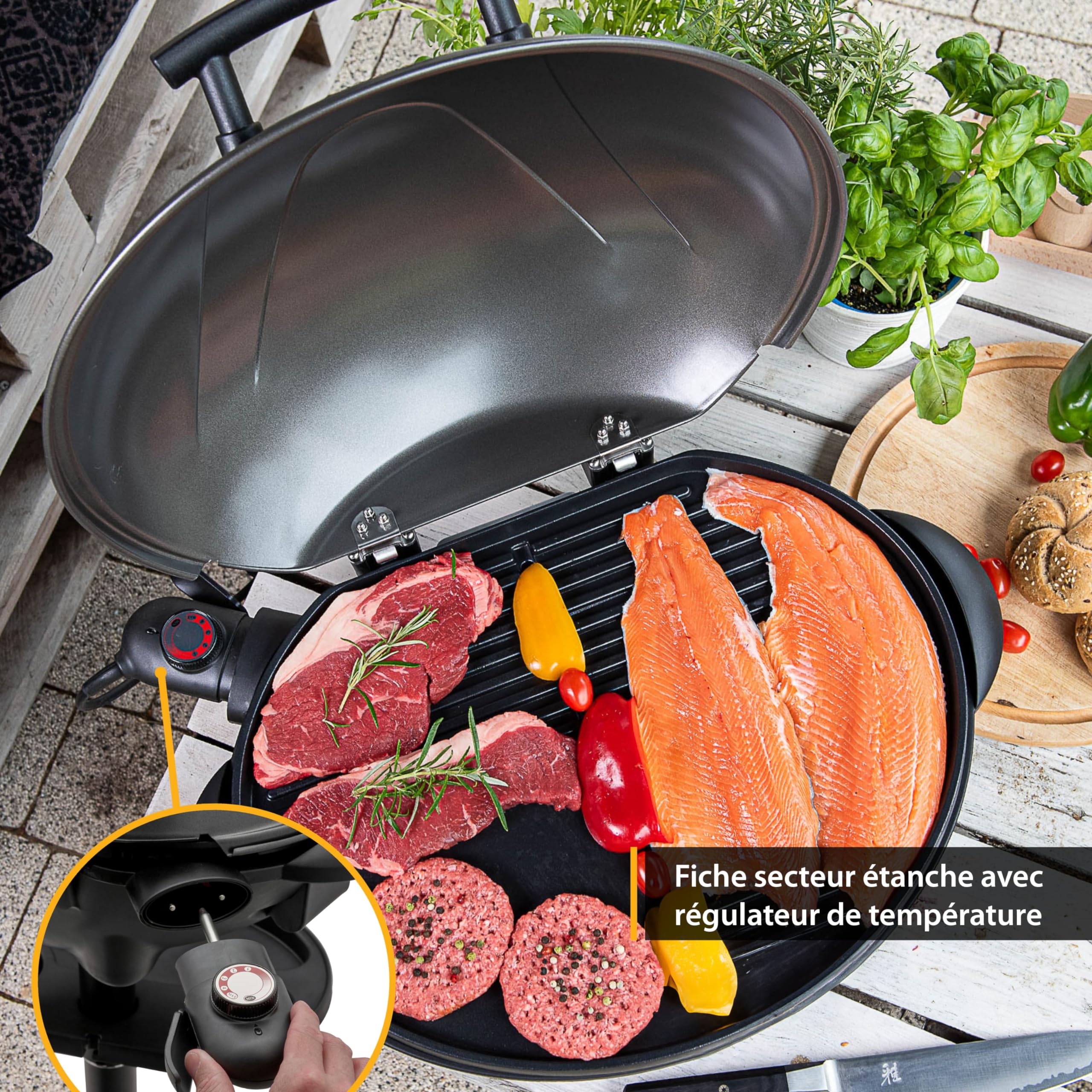 TZS First Austria - Barbecue électrique 2 en 1 de table & sol 2400W - BBQ avec pied pour balcon et terrasse avec couvercle et étagère - Gril sphérique avec thermomètre et plateau ramasse-graisse