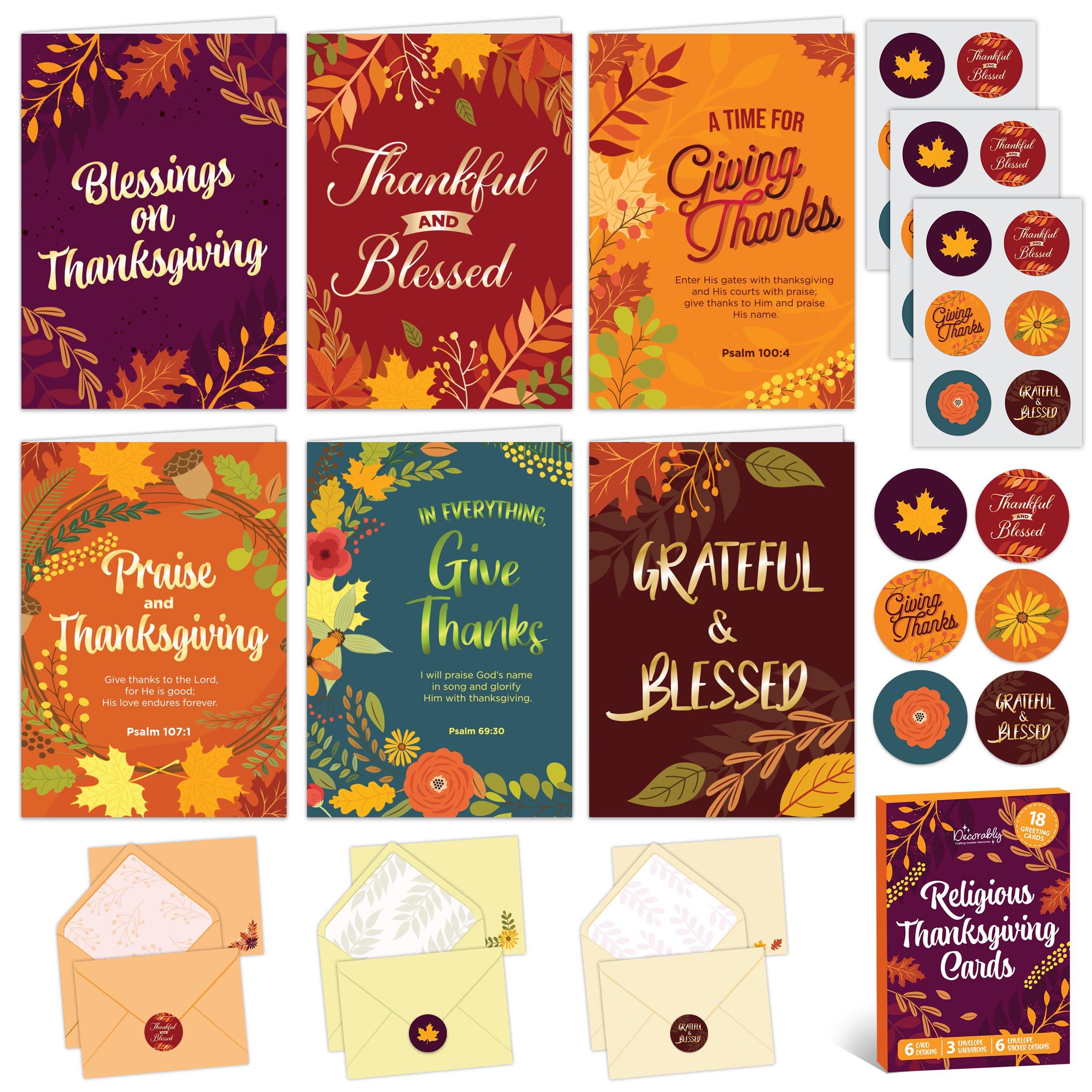 Decorably 18 Pack Foiled 5x7in Thanksgiving Cards Religious with Envelopes and Stickers, 6 Christian Designs for Friends, Family & Loved Ones with