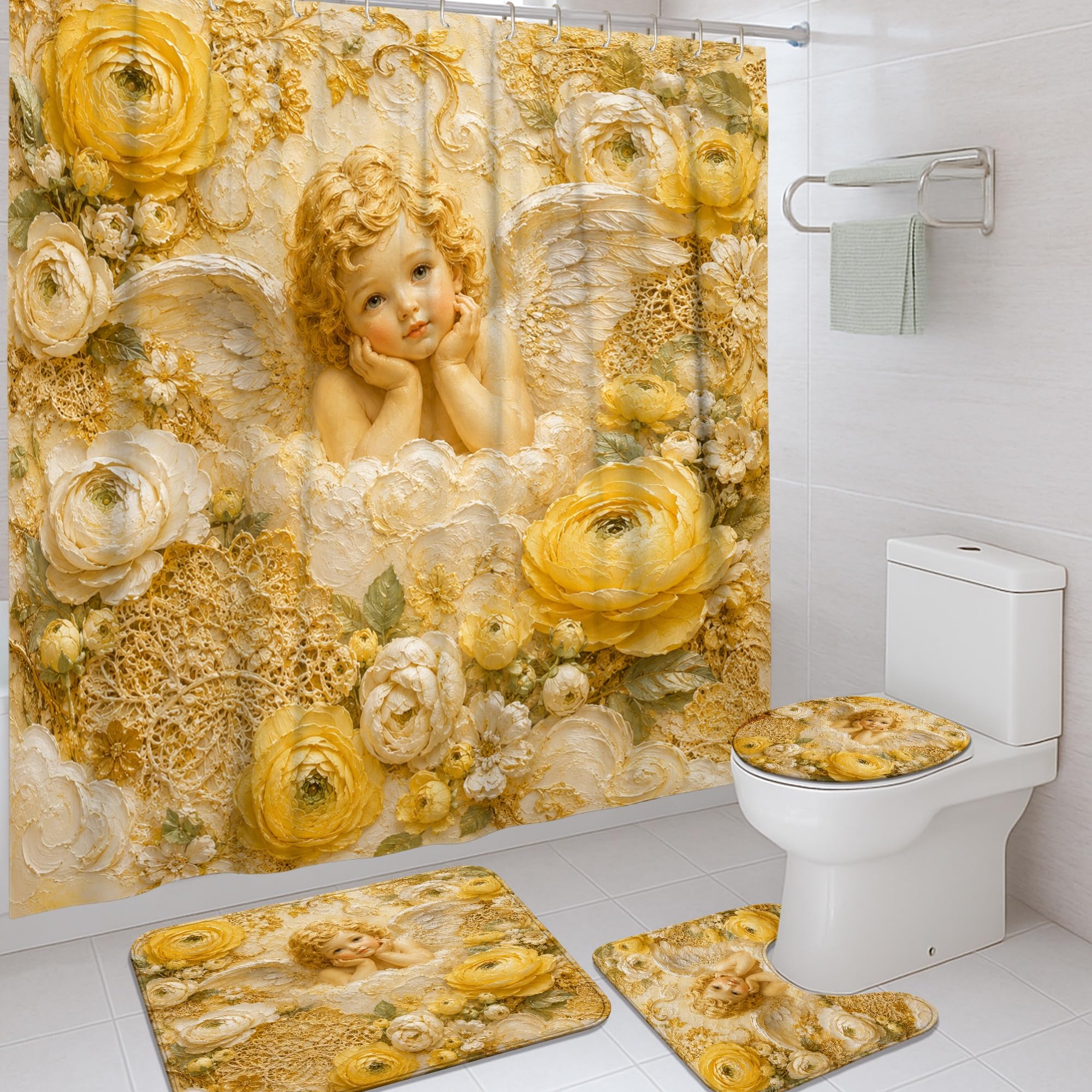 Rideau de douche imperméable anti-éclaboussures 183x183 cm et tapis rose