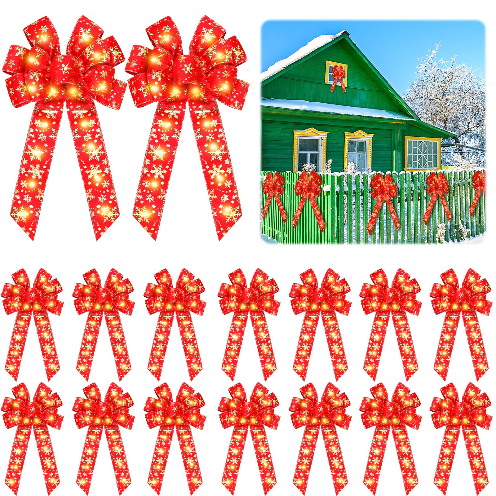 Lenwen 20 Pieces Lighted Large Christmas Bows Pre lit Fence Decoration 20 Inches Golden Snowflakes Wired Edge Bows Ribbon Tree Topper Ornament Wreath Bows for Christmas Outdoor Xmas Tree Decor
