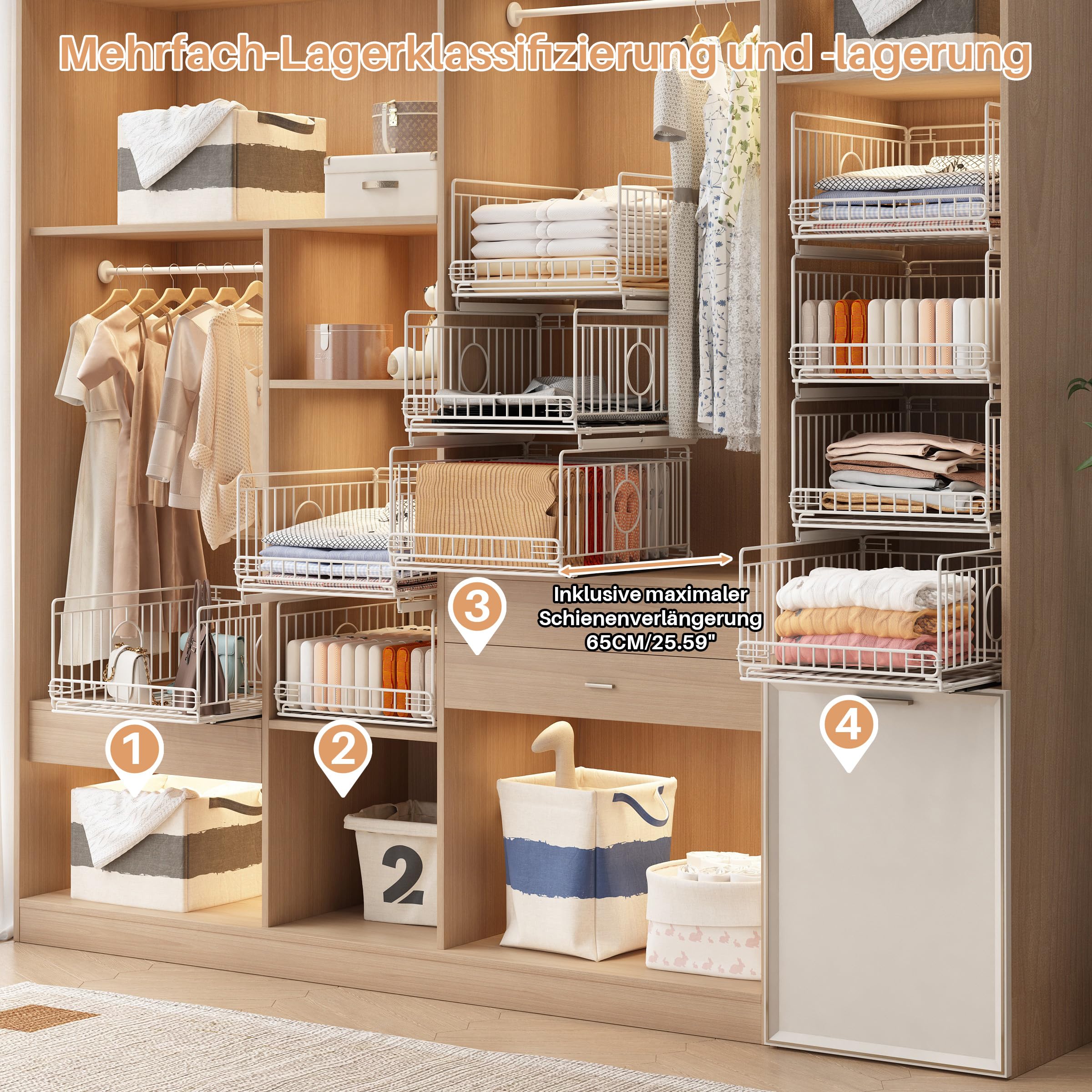 Ausziehbar & Stapelbar Kleiderschrank Organizer, 4 Stück Metall Aufbewahrungsbox, Schubladen Aufbewahrung für Kleidung, Küche, Waschküche, Spielzeug, Kein Bohren, Weiß