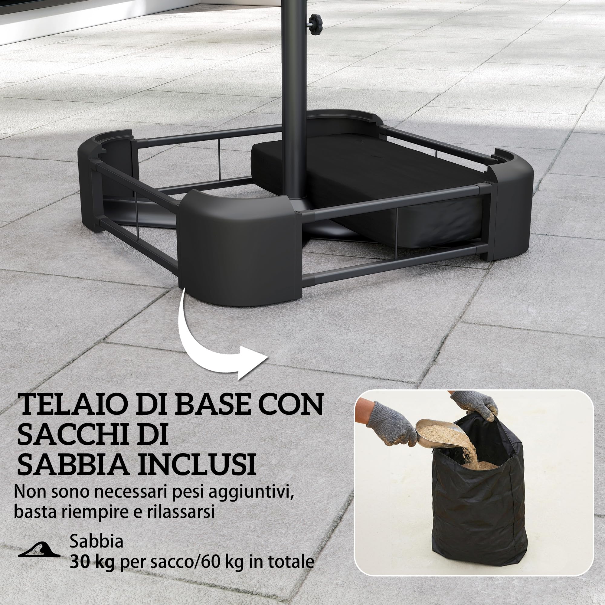 Outsunny Ombrellone Doppio da Giardino 3x1.5 m con Base a Croce, Sacchi di Sabbia, Ombrellone da Esterno Rettangolare con Manovella, 12 Stecche, UV 50+, per Patio Terrazzo Balcone