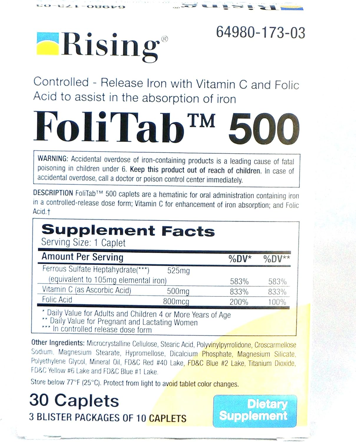 Controlled-Released Iron with VIT. C and Folic Acid, 30 caplets/Box