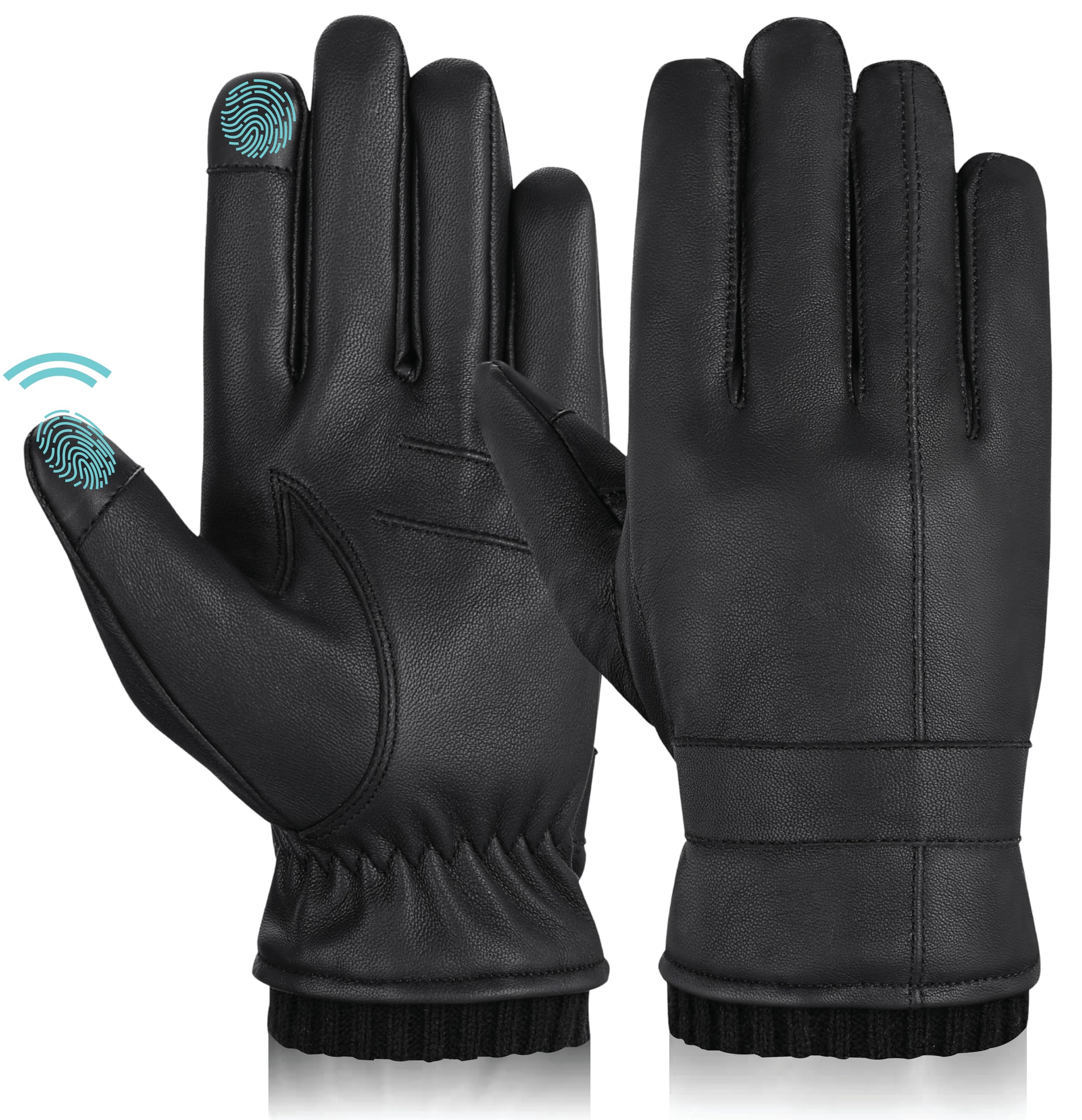Hand Fellow Men's Black Rib Leather Gloves Winter Gloves For Touchscreen Compatible, Fleece Lining, Warm Nappa Sheepskin Fleece Gloves, Black Gloves Driving Gloves Xl