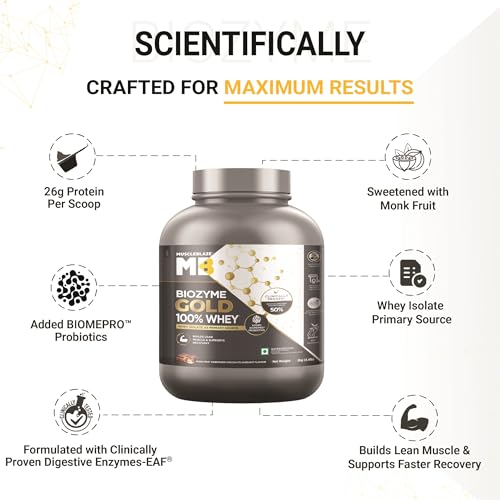 Image of MuscleBlaze Biozyme Gold 100% Whey Protein Powder (Monk Fruit Sweetened Chocolate Hazelnut, 2kg / 4.4 lbs) | 26g Protein Per Scoop | Whey Isolate as Primary Protein Source