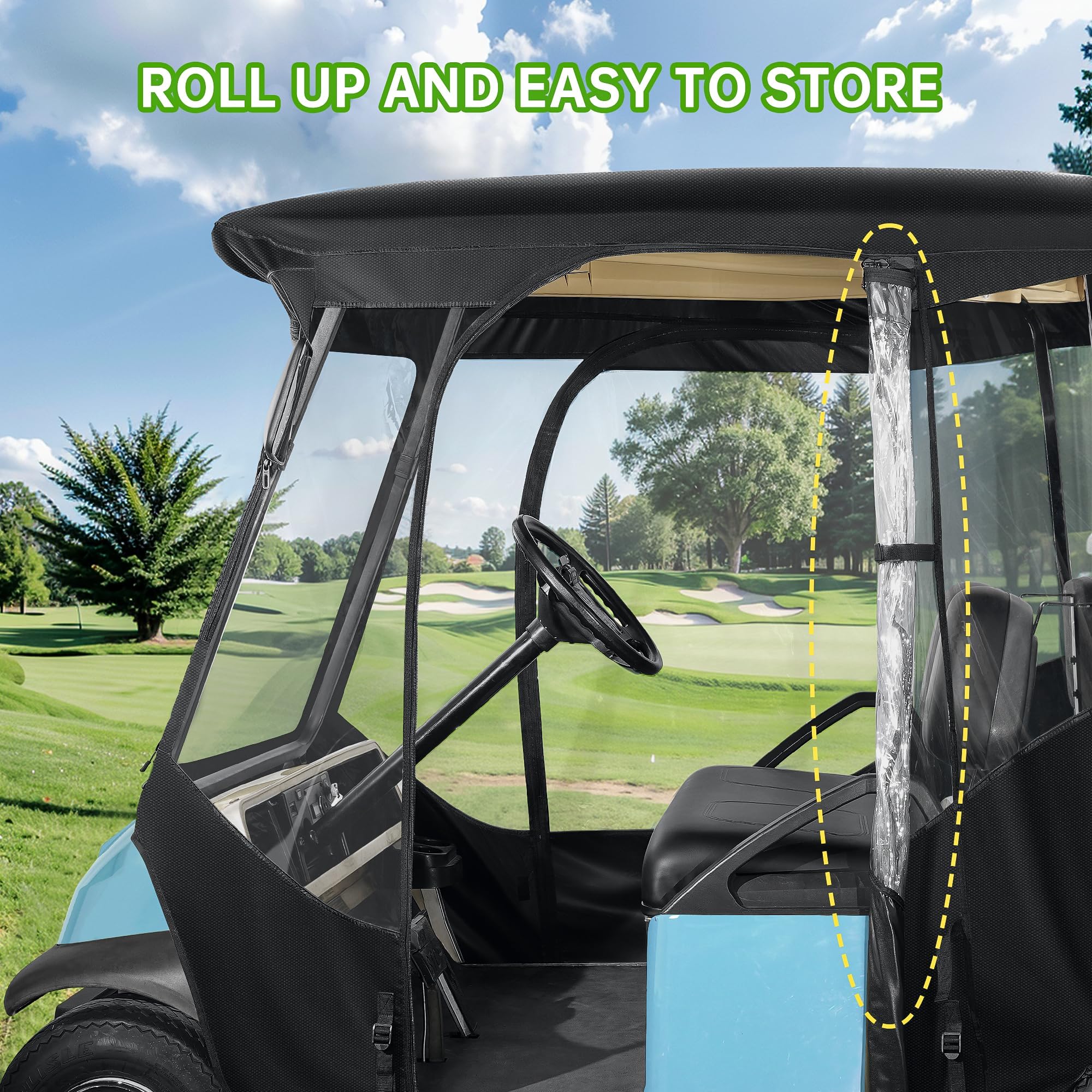 10L0L 4 Passagier-Golf-Buggy, Fahrgehäuse für Club-Auto, Precedent Golfwagen mit kurzem Dach bis zu 144,8 cm, 4-seitiges Klarfenster, 420D-Golf-Buggy, Winter-Regenschutz, Allwetter, winddicht,