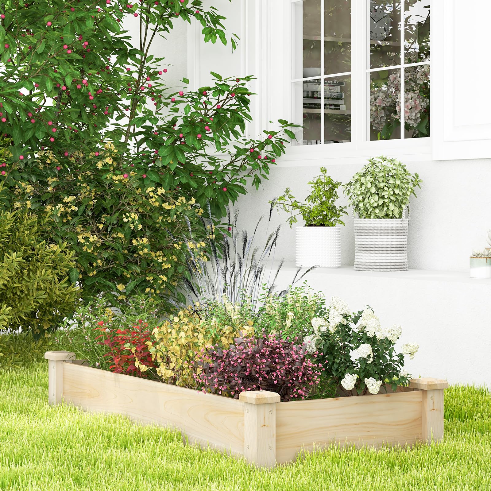 GOPLUS Cama de Jardín Elevada de Madera, Huerto de Plantación Rectangular para Verduras, Frutas, Flores, Hierbas, 120 x 61 x 25,5 cm Jardinera Elevada Exterior para Jardín, Patio, Césped