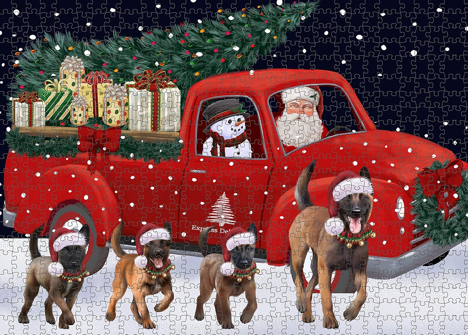 Christmas Express Delivery Red Truck Running Belgian Malinois Dogs Jigsaw Puzzle for Adults - Animal Printed Interlocking Puzzle Gift for Dog Lover's- 500 Pcs 14"x20"
