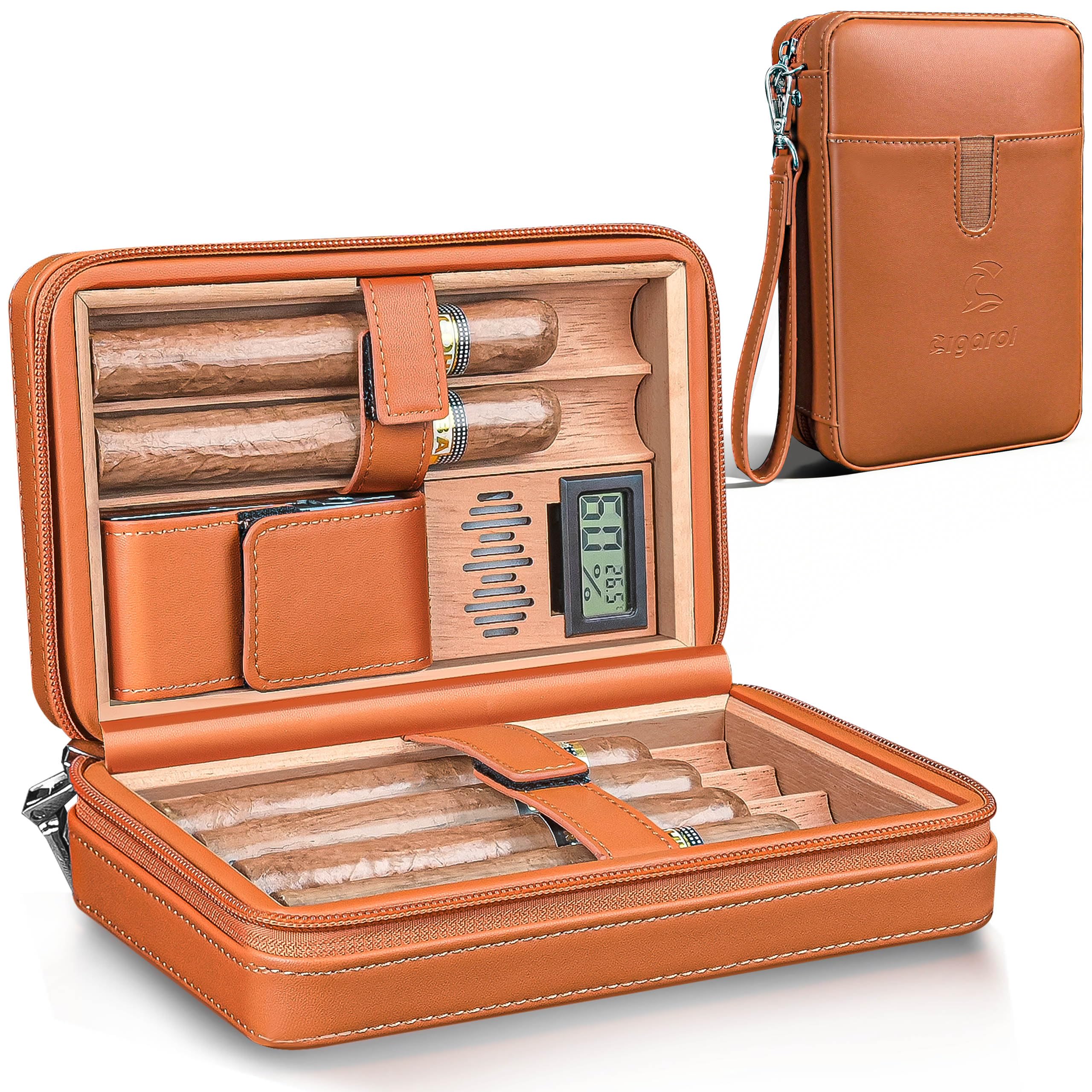 Podróżny humidor na cygara, przenośna skrzynka na cygara ze skóry i drewna cedrowego, z cyfrowym higrometrem i nawilżaczem, pomieści 6 cygar, idealny prezent dla mężczyzn