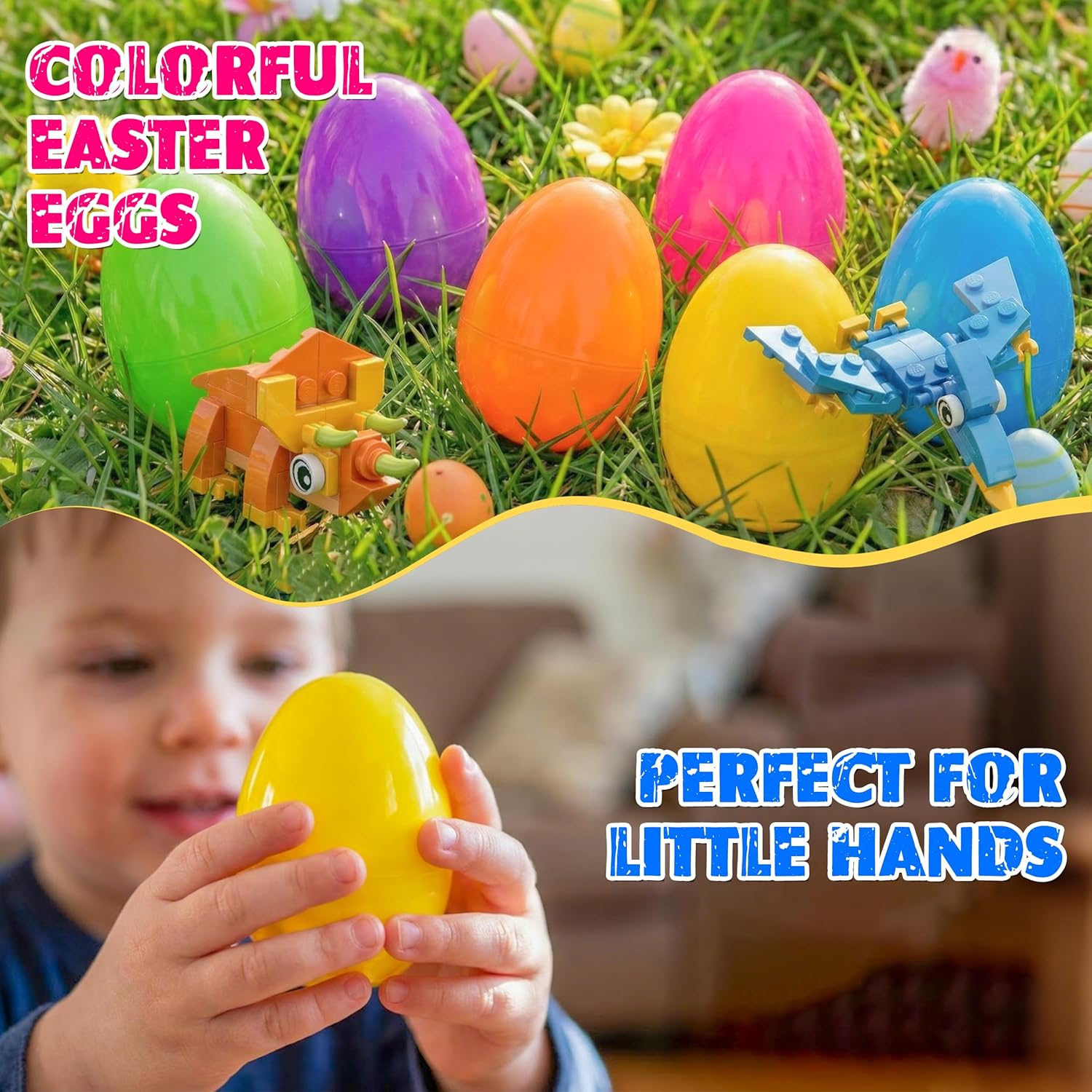 LINAYE 12 Packs Prefilled Easter Eggs with Toys Inside, Pre Filled Stuffed Easter Eggs with Dinosaur Building Blocks Toys for Egg Hunt Game Prizes, Basket Stuffers Gifts for Kids Boys