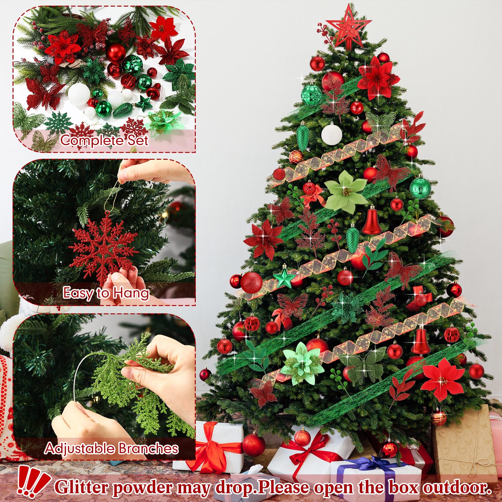 XunYee Lot de 143 décorations à suspendre pour sapin de Noël – Boules incassables – Flocon de neige, papillon, poinsettia, fleurs et baies – Rubans pour décoration de fête (rouge, vert, blanc)