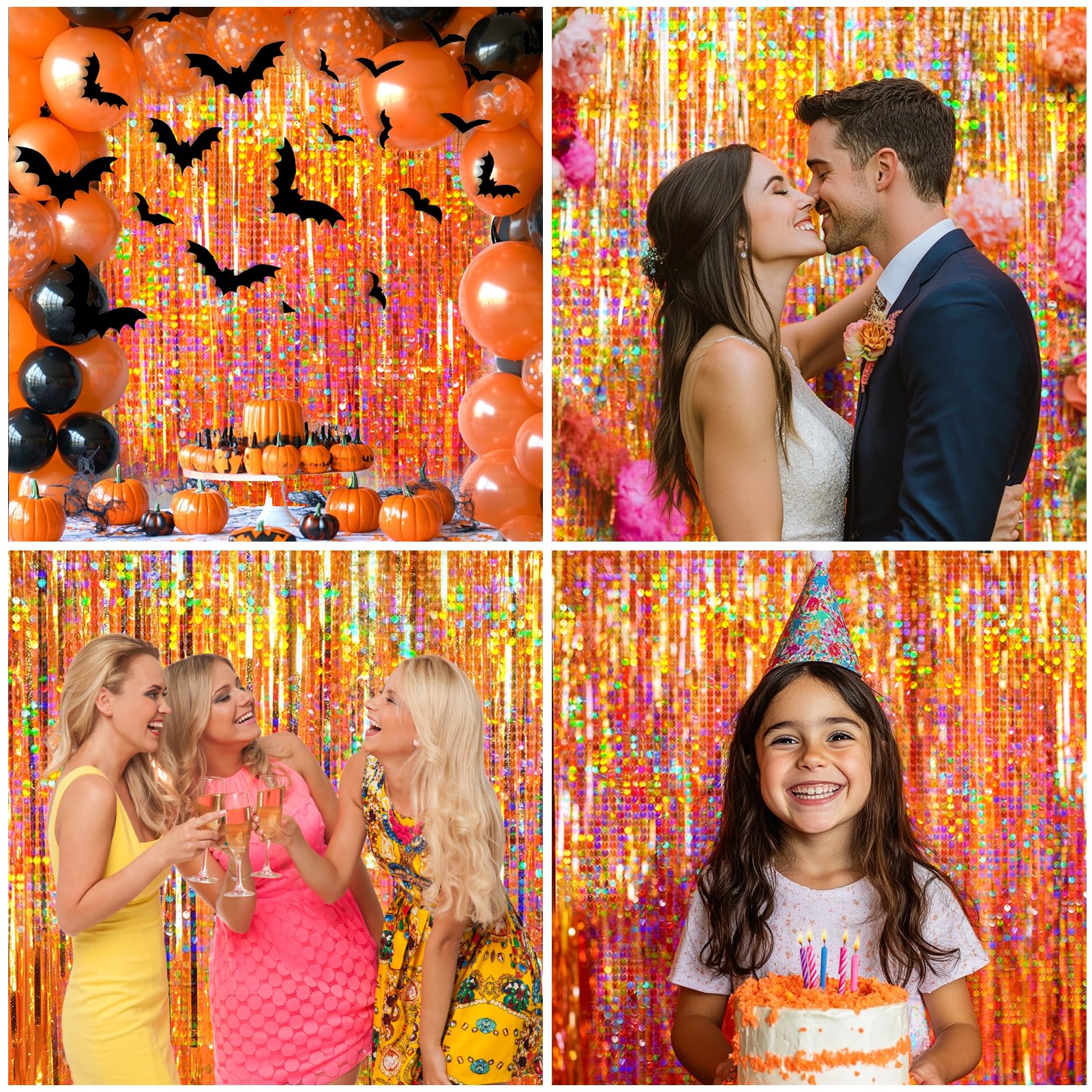 Paquete de 4 cortinas de flecos de aluminio naranja, telón de fondo de oropel metálico naranja para cumpleaños, boda, baby shower, Halloween, Acción de Gracias, Acción de Gracias, regalos de