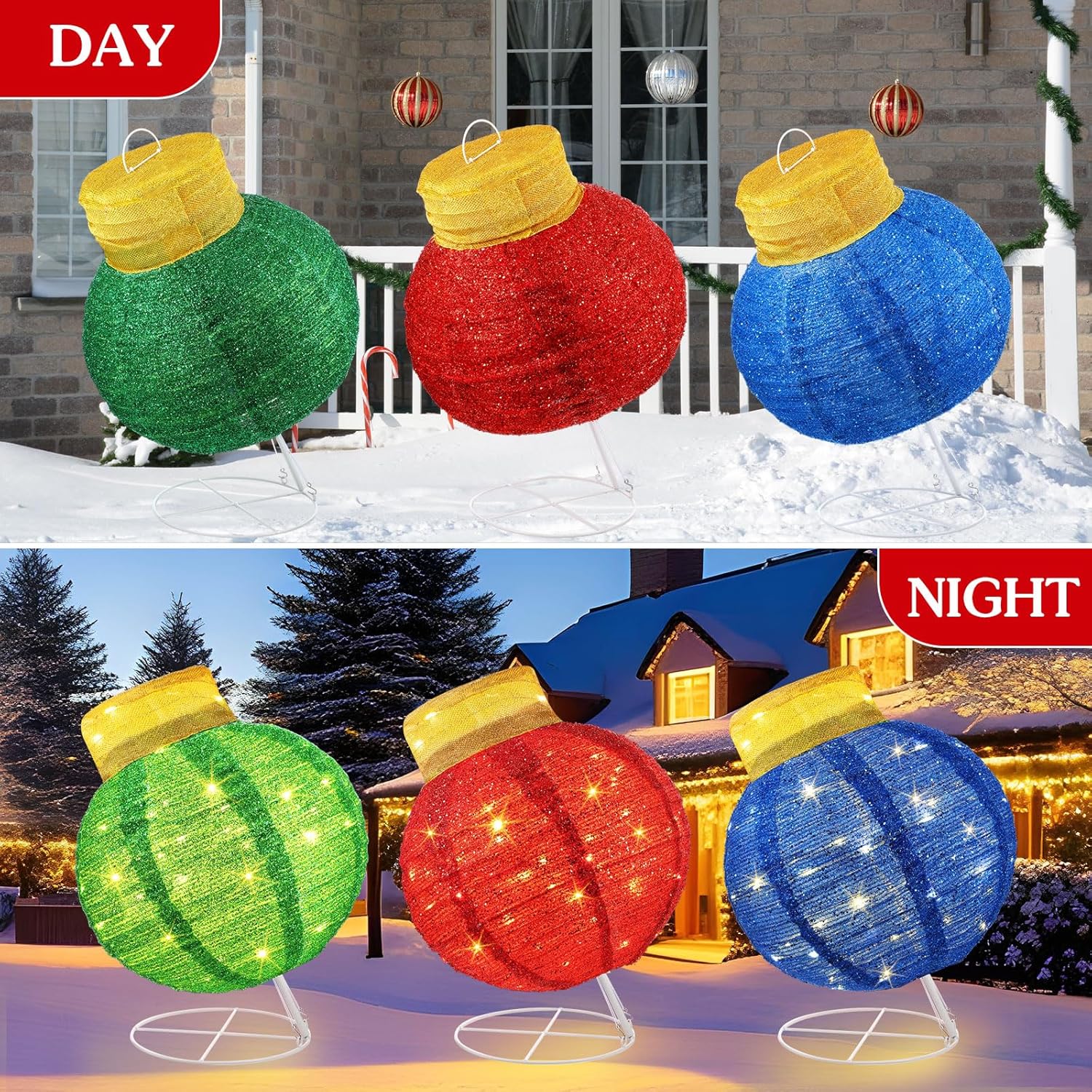 VIHOSE 3 Set Large Outdoor Christmas Decorations Christmas Pop-Up Balls with LED Lights Foldable Luminous Ball with Base Holiday Ball Decorations Suitable for Yard Garden (Blue,Red,Green)