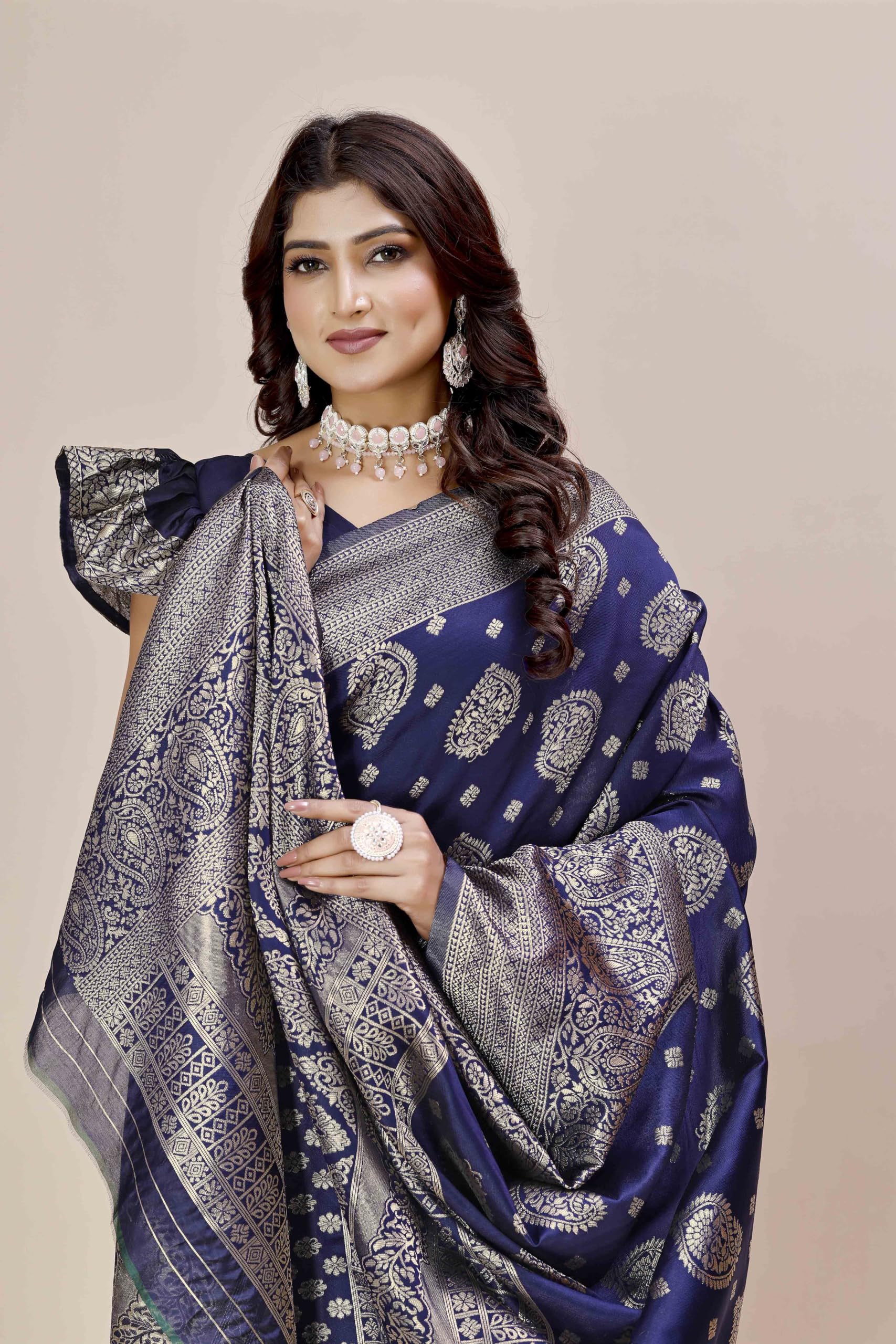 Shasmi Women's Banarasi Saree Pure Kanjivaram Silk Saree Soft New Ladies 2025 Design Wear Pattu Sarees Latest Party Sari Collections With Blouse Piece For Wedding Sadi (Pari-218 Navy Blue)
