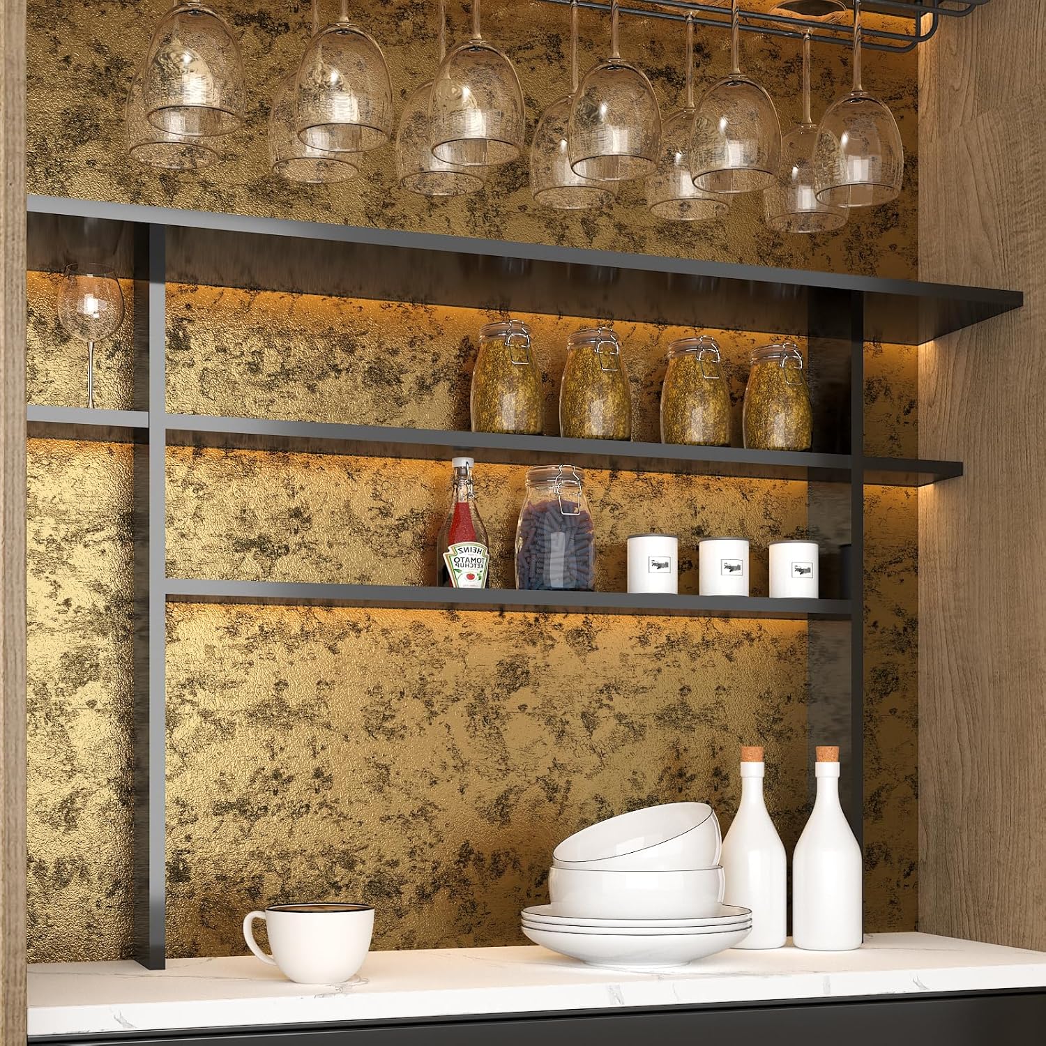 Antique Gold Peel and Stick Wallpaper Metallic Textured Wallpaper Black and Gold Contact Paper Waterproof Metal Look Wall Paper 15.7"x472" Self Adhesive Cabinet Vinyl Wrap for Kitchen Fridge