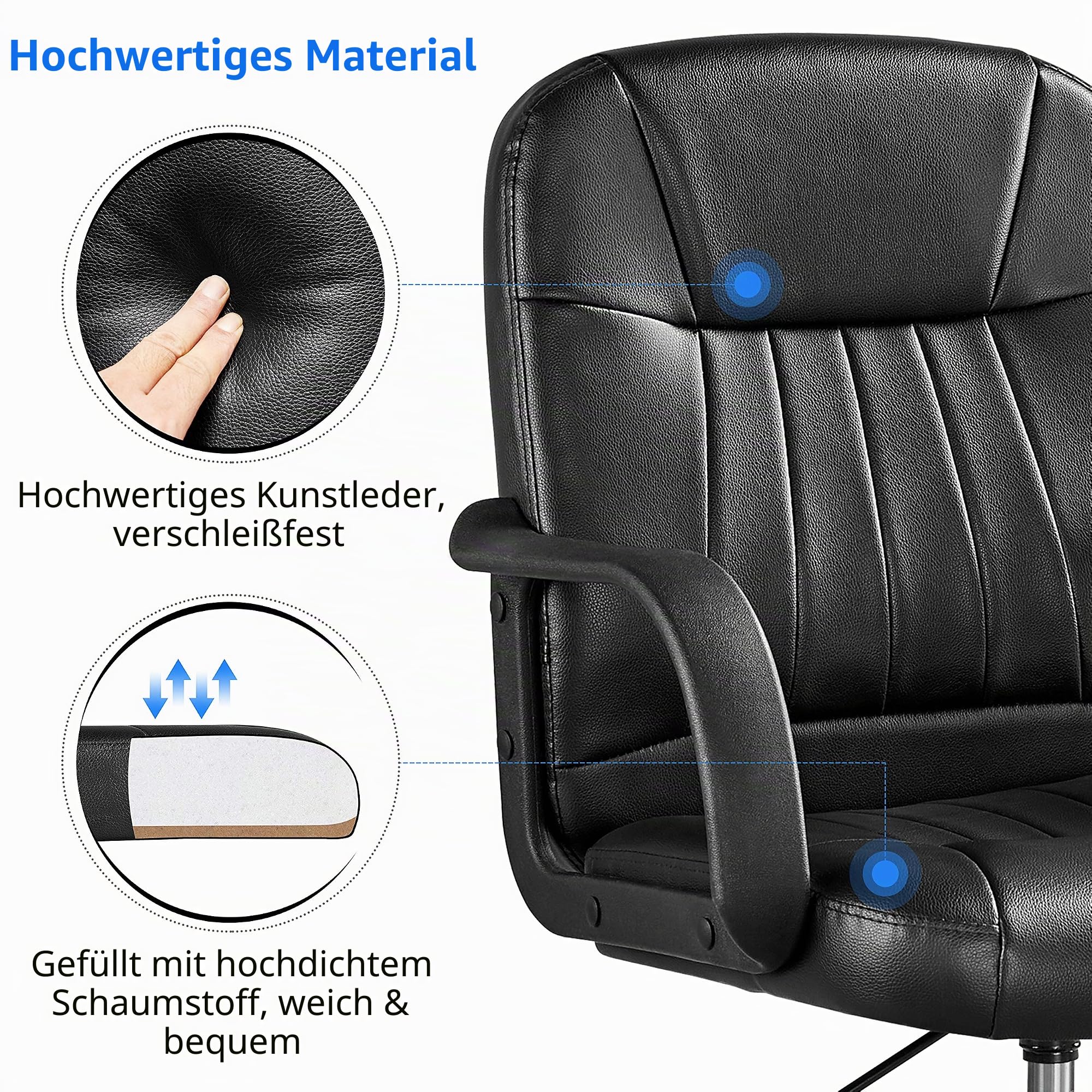 Yaheetech Bürostuhl ergonomischer Computerstuhl, Schreibtischstuhl mit Armlehne, höhenverstellbar und komfortabler Chefsessel，Office Stuhl, Arbeitsstuhl aus Kunstleder, Schwarz