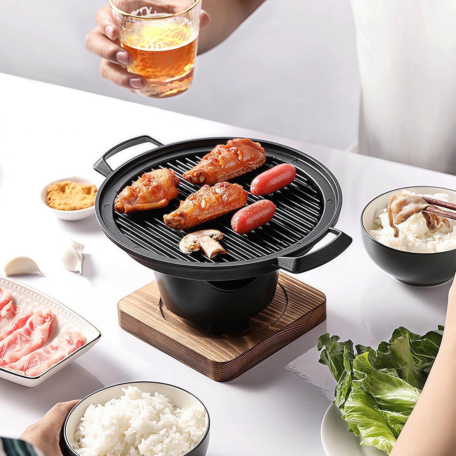 Korean BBQ Grill Charcoal, Smokeless Small One Person Mini Barbecue Grill, Barbecue Pan for Home Outdoor Indoor Camping
