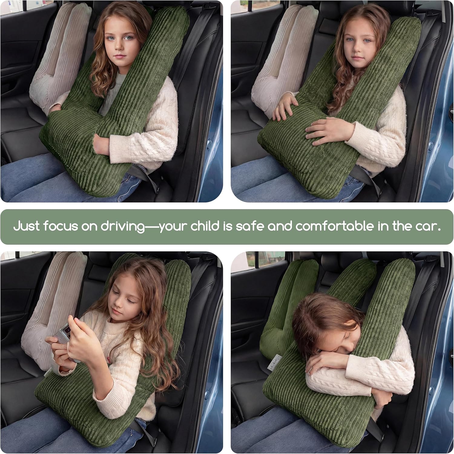 HIGOGOGO Washable Travel Pillow, Car Pillow for Kids & Adults, Travel Pillows with Removable Soft Cover and High-Support Foam, Fix Neck and Body Sitting/Sleeping on The Trip, Dark Green