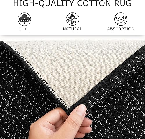 Miniatura 5 de KOZYFLY Alfombra bohemia para pasillo de 2 x 5 pies, lavable, con parte trasera de goma, alfombra de cocina trenzada de algodón negro, alfombra de