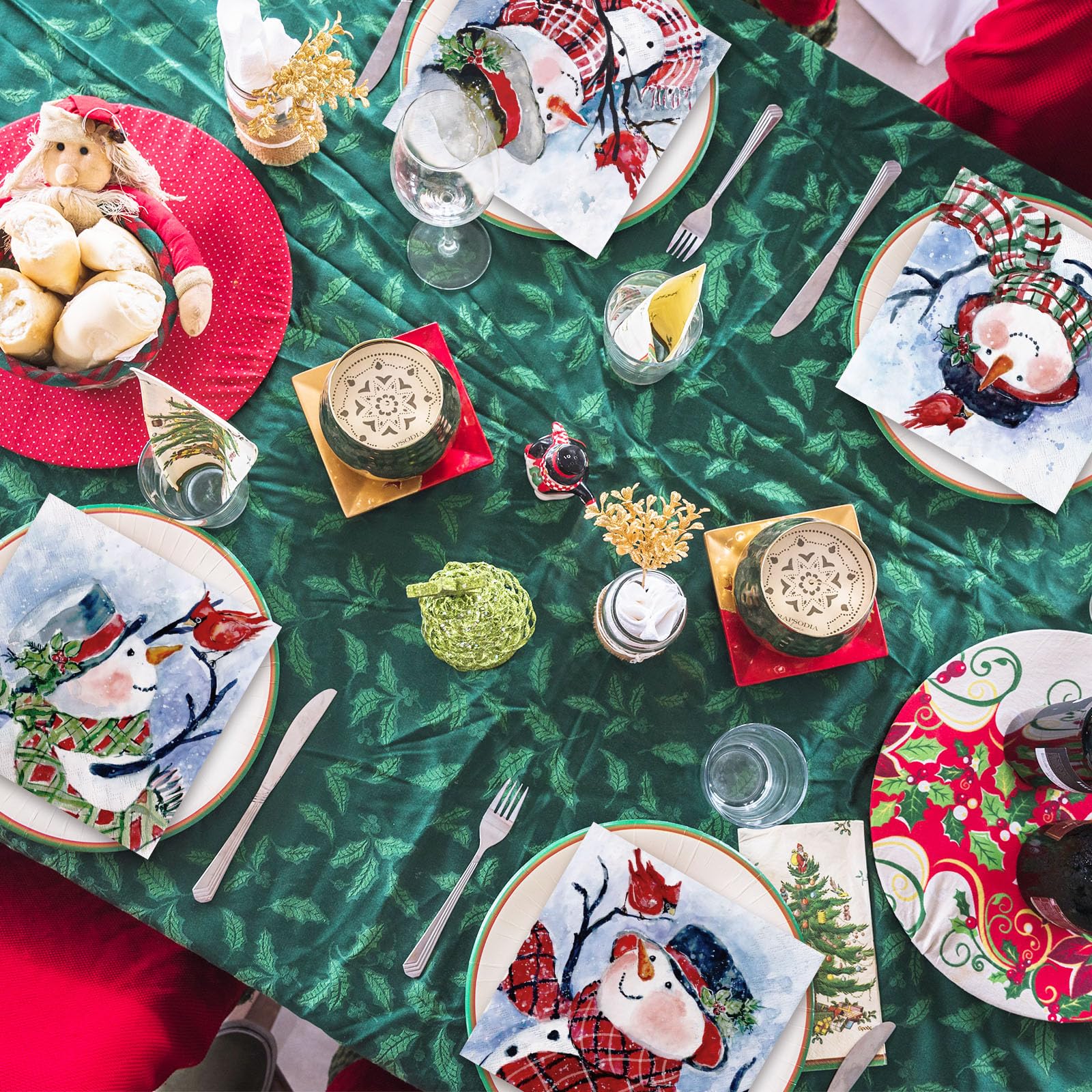 JarThenaAMCS Papierservietten, Motiv: Schneemann, Aquarellfarben, Schneemann, Kardinäle, Einweg-Servietten, niedliches Weihnachtsessen, Abendessen, Servietten für Weihnachten, Winter, Partyzubehör, 80