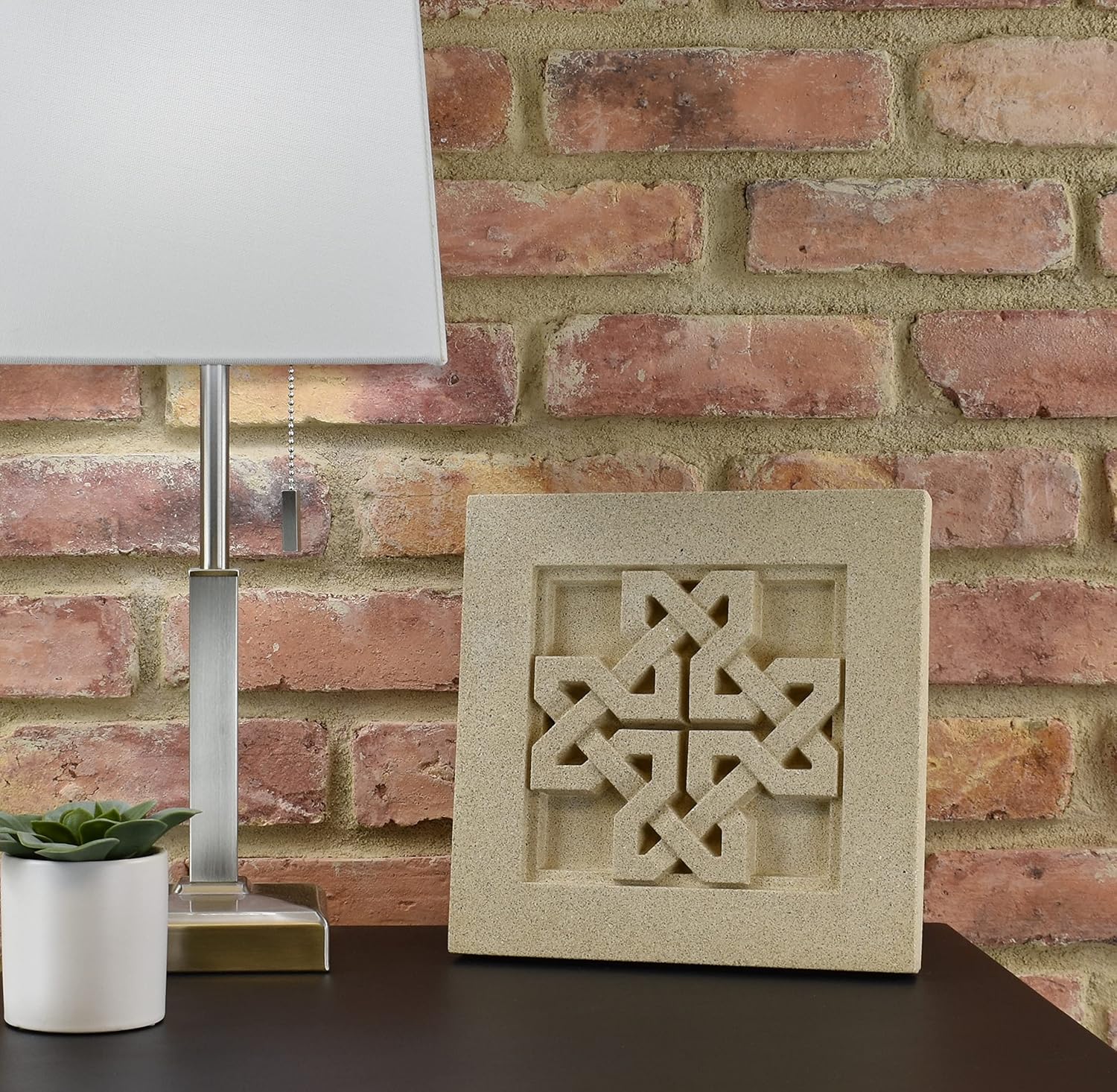 Sculpted Architectural Bas Relief 3D Tile Plaque Ornament, Solid Cast Stone, Fret Design, 9.5"x9.5" for Wall Hanging or Tabletop Display (Buff with Keyhole)