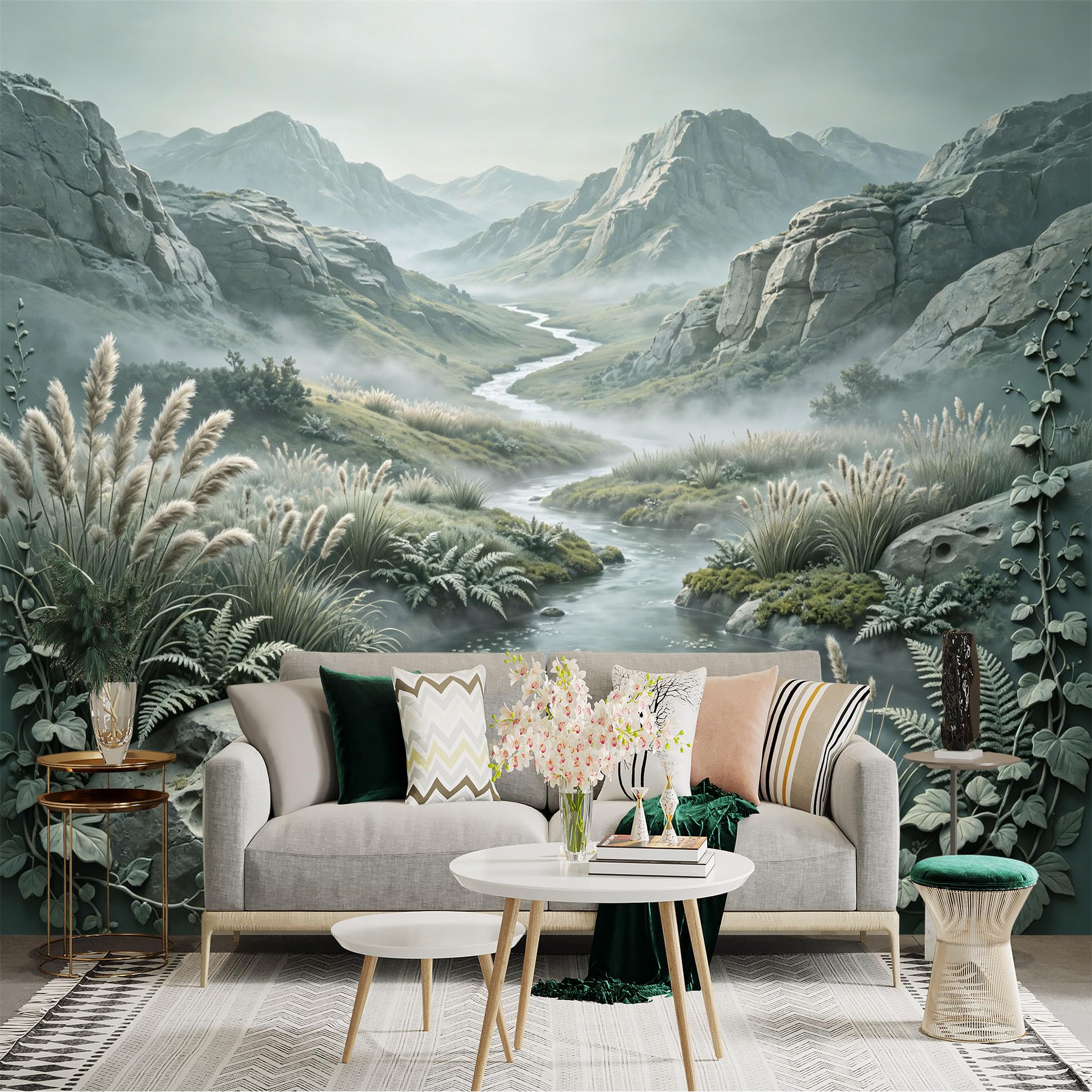 Custom Size Wall Sticker Mural， Misty Mountain Valley with River， Rocks and Fern Plants， for wall Decoration， peelandstick wall Decals.