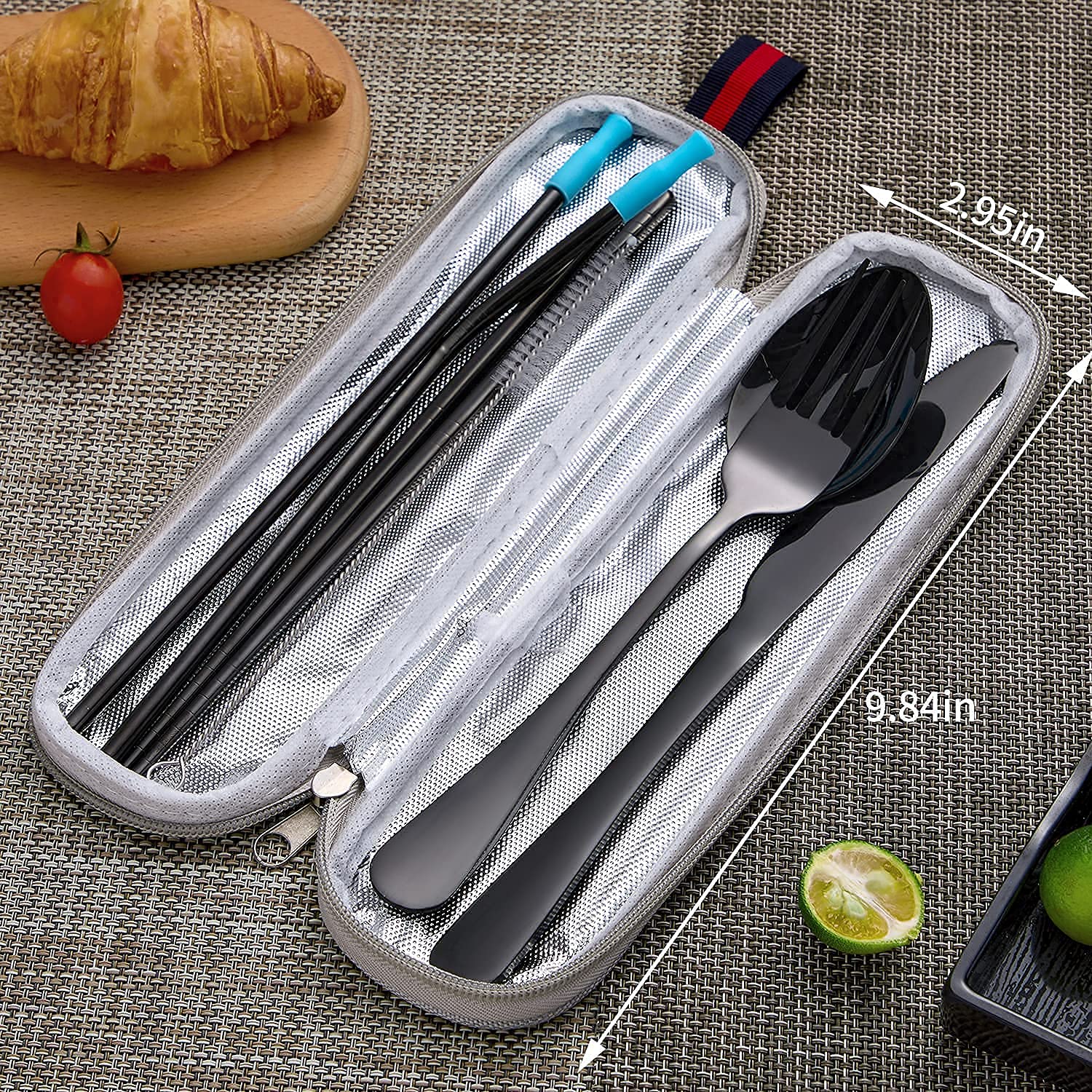 Travel Utensils Set with Case, pekifaves Stainless Steel Camping Utensils Service for 1, 8pcs Reusable Portable Utensils Set for Lunch Workplace Camping School Picnic (Glossy Black)