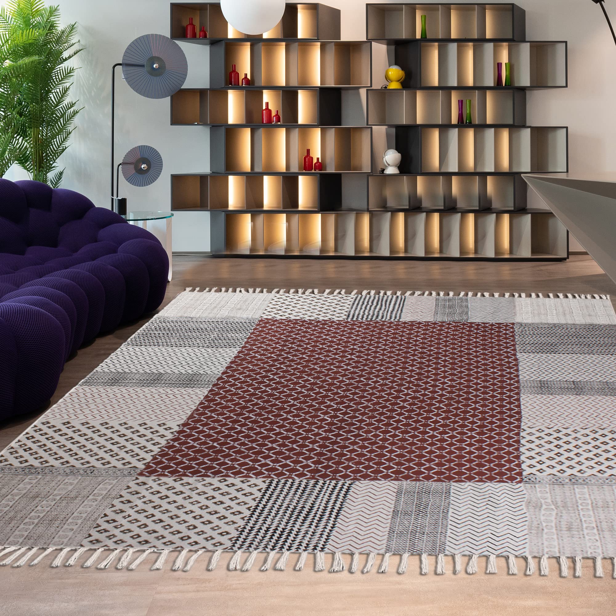 Tapis Kilim 152 x 243 cm en coton motif géométrique Dhurrie facile lavable à la main Tapis à tissage plat pour salon, chambre à coucher Marron et beige 0,5 cm