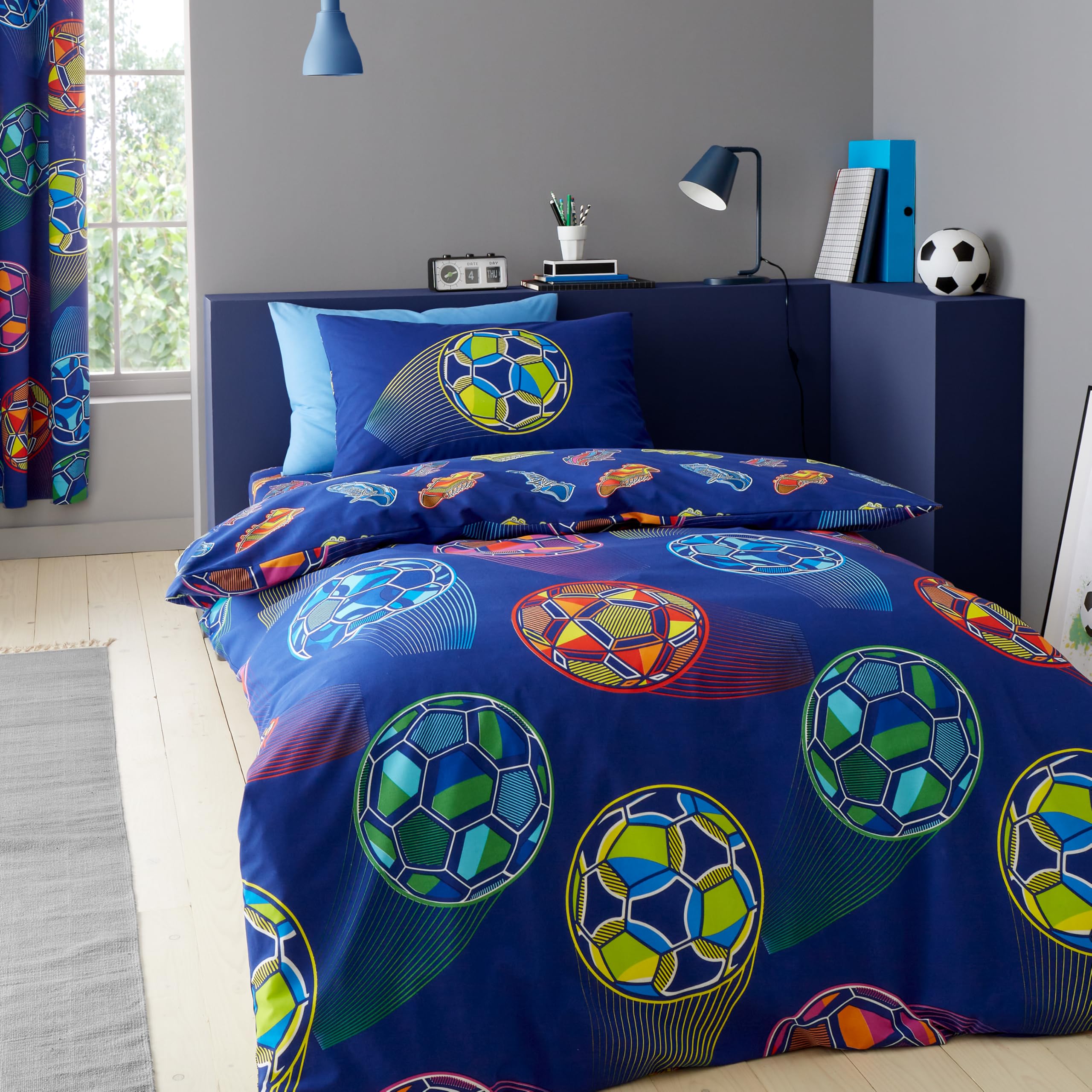 Catherine Lansfield  Kids Blue Bright Football Reversible Duvet Cover Set in Size Double, Sports Direct
