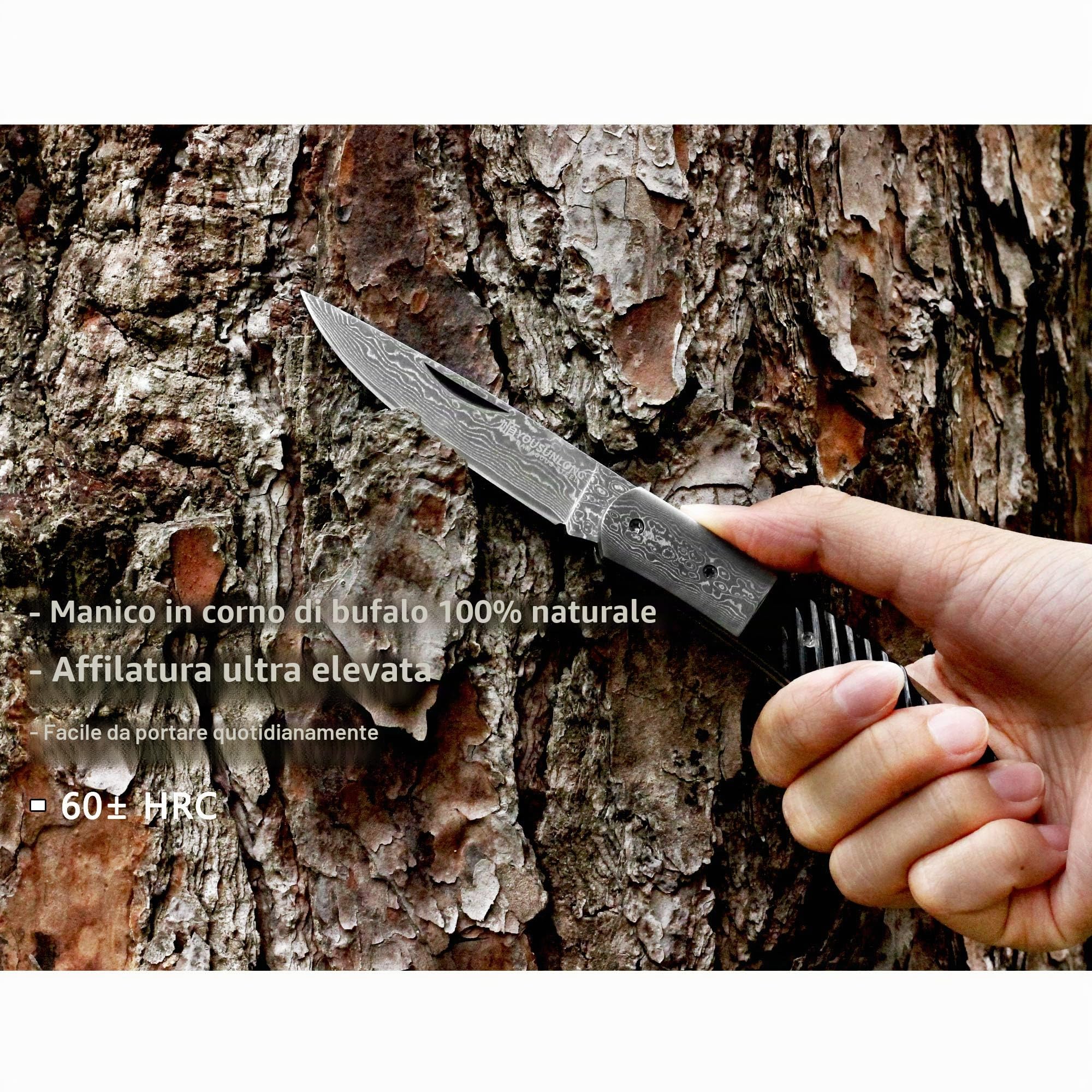 YOUSUNLONG Coltello Tascabile 175 mm - Lama in Acciaio Giapponese Damasco - Coltello Pieghevole Adatto al Campeggio e alla Caccia - Manico in Corno di Bufalo Naturale con Fodero in Pelle