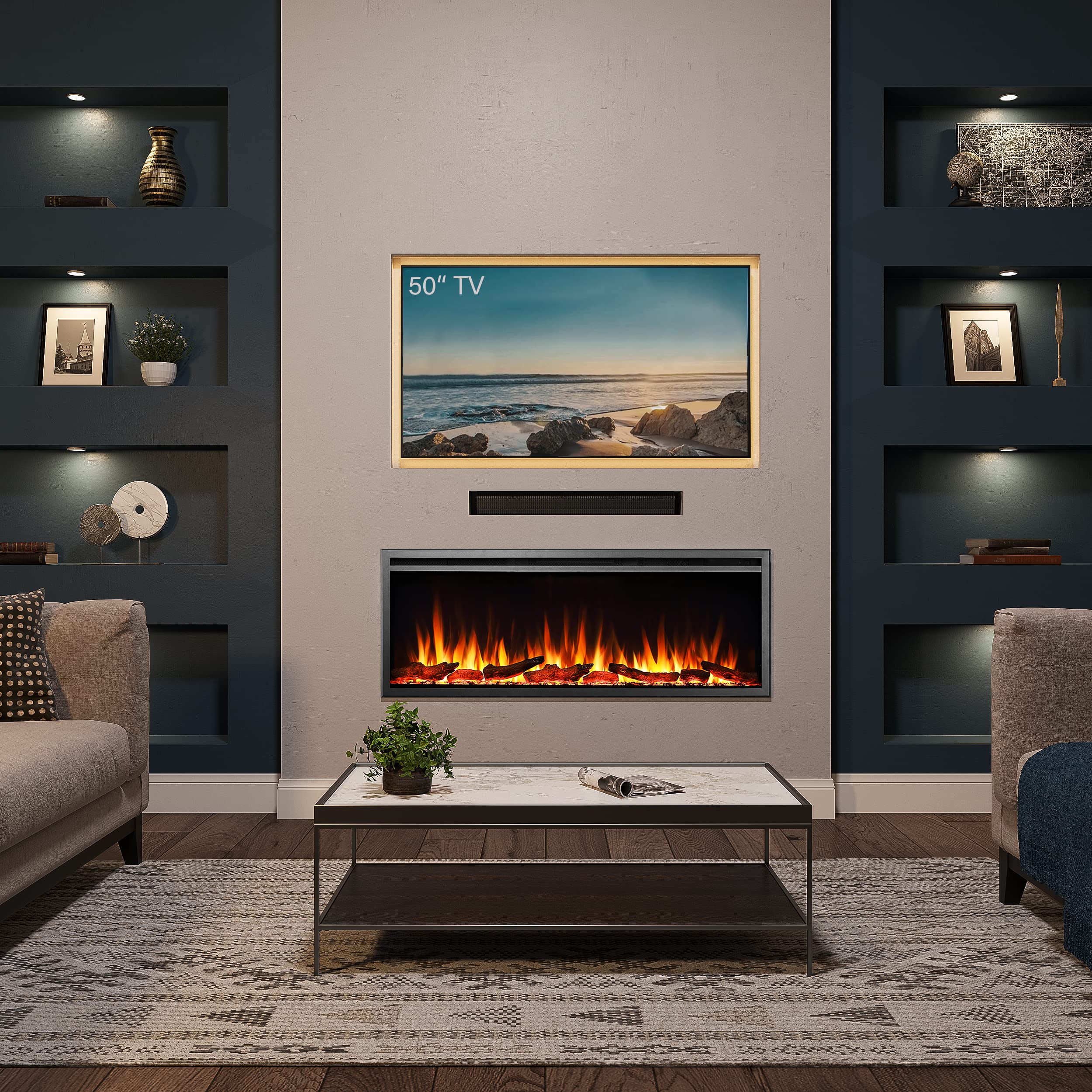 FLAMME Camino elettrico da incasso a parete Castello Slim Frame da 50" con 3 colori fiamma 750W/1500W