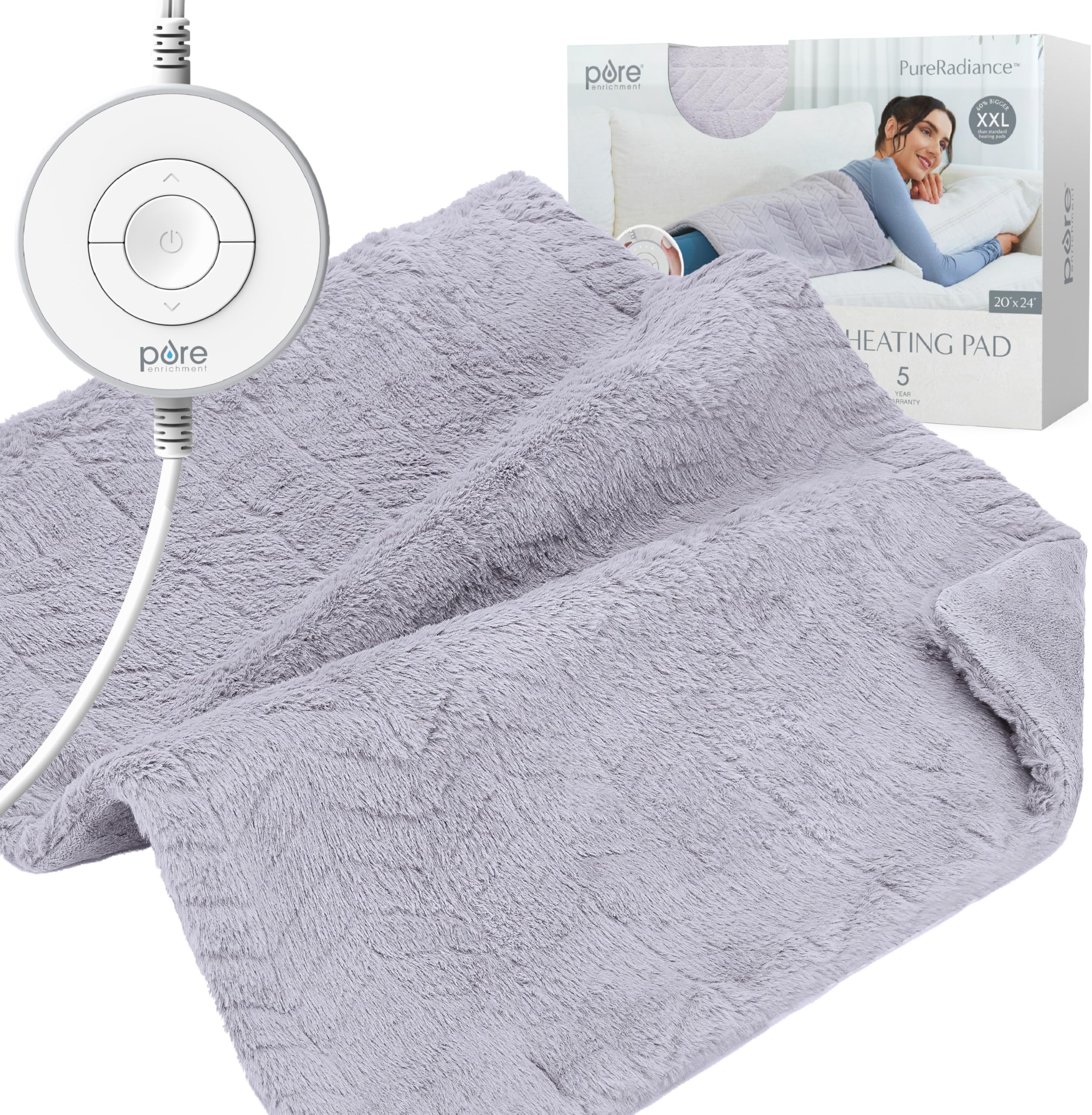 Pure Enrichment PureRadiance Ultra-Wide Heating Pad - 6 Heat Settings, Soft Faux Fur, 20" x 24", Machine Washable