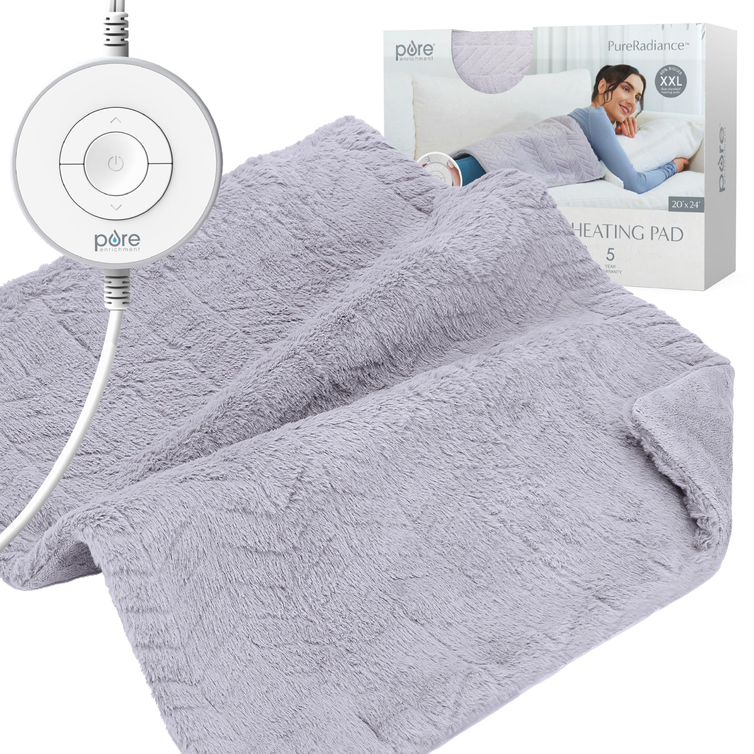 PureRadiance Ultra-Wide Heating Pad - 6 Heat Settings, Soft Faux Fur, 20" x 24", Machine Washable
