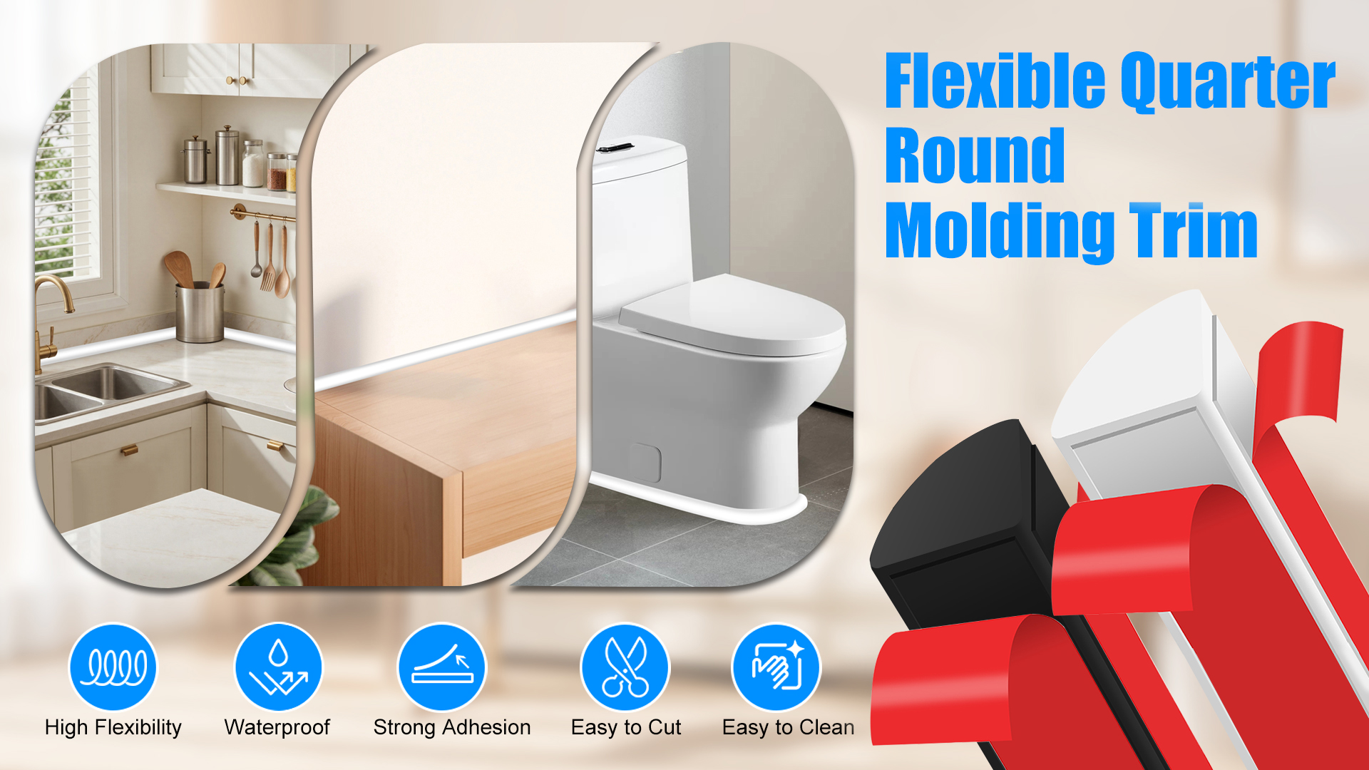 Hzetuu Flexible Quarter Round Molding - 78in Self-Adhesive Silicone Trim, Waterproof & Anti-Collision For Bathrooms & Kitchens - View #2